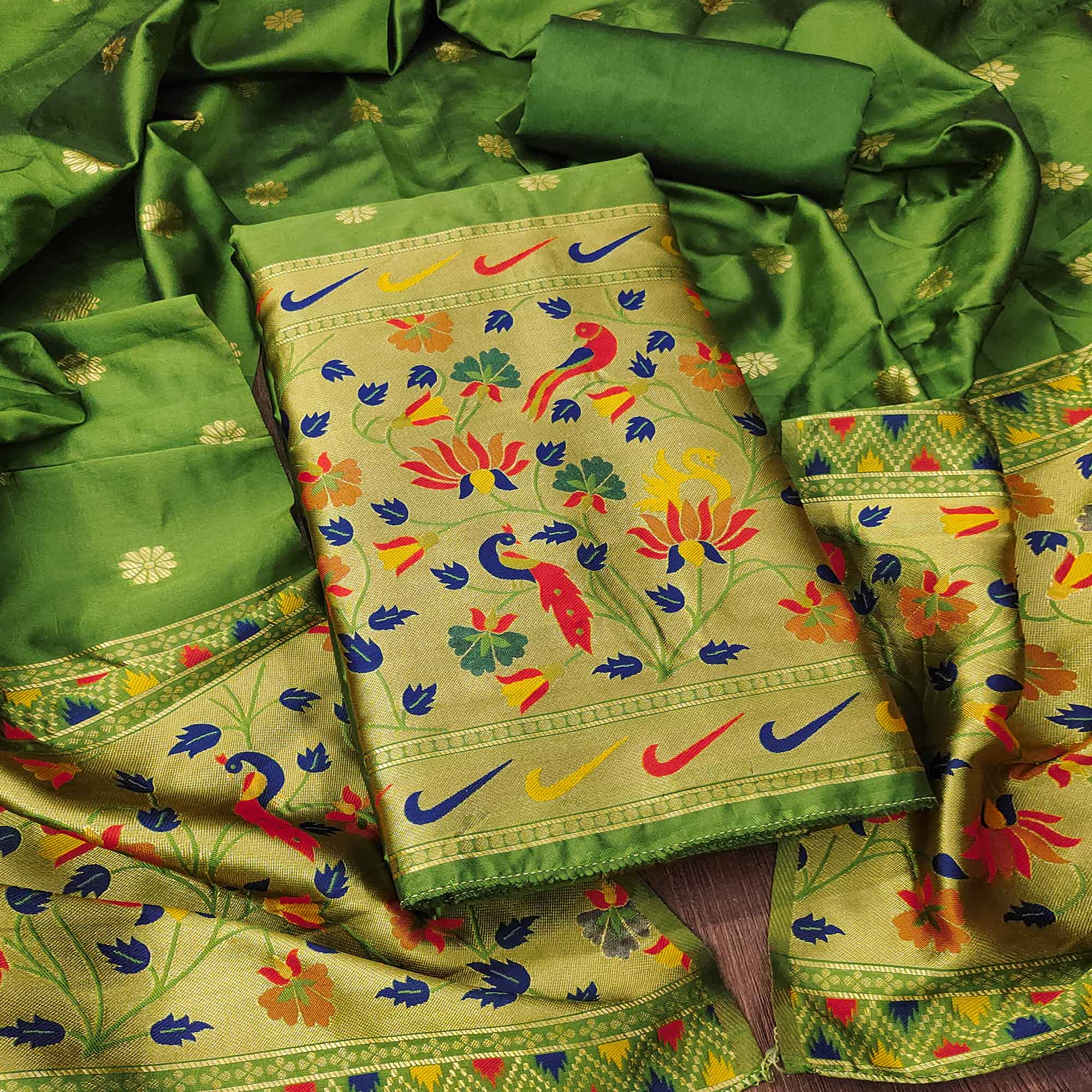 Green Floral Woven Paithani Banarasi Silk Dress Material