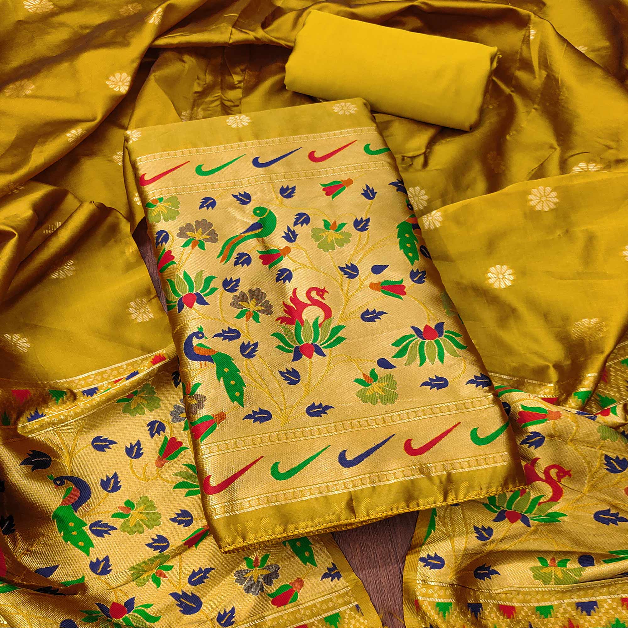 Mustard Floral Woven Paithani Banarasi Silk Dress Material