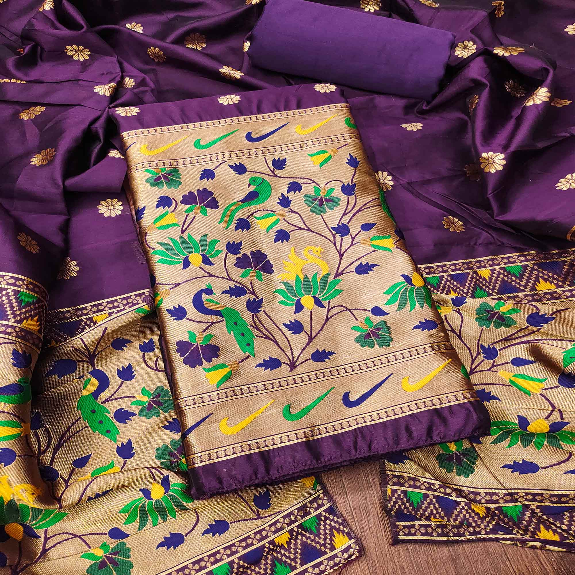 Purple Floral Woven Paithani Banarasi Silk Dress Material