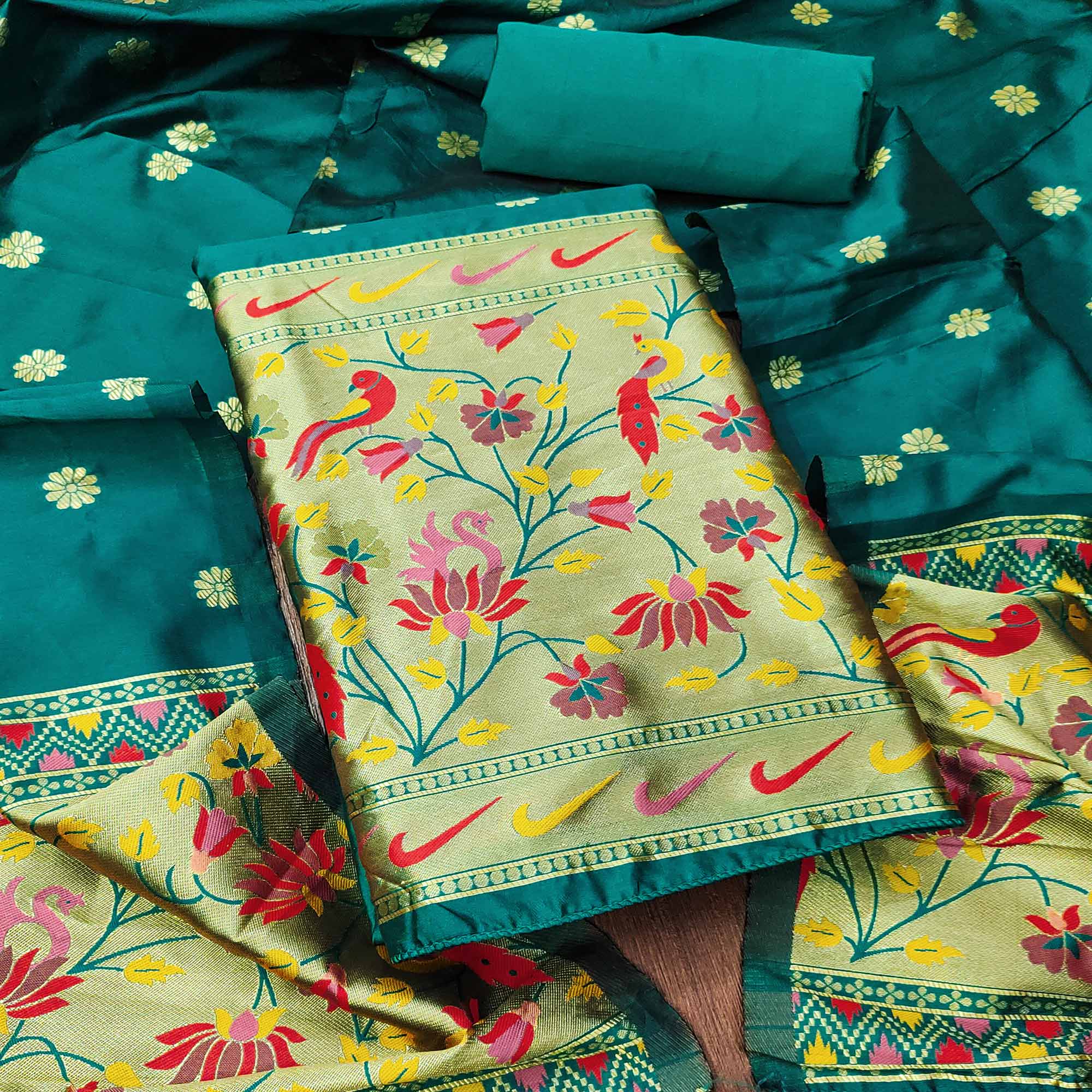 Rama Green Floral Woven Paithani Banarasi Silk Dress Material