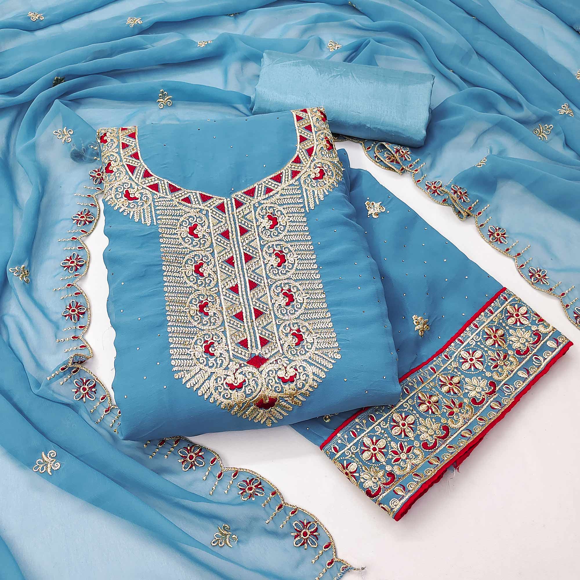 Blue Floral Embroidered With Stonework Georgette Dress Material