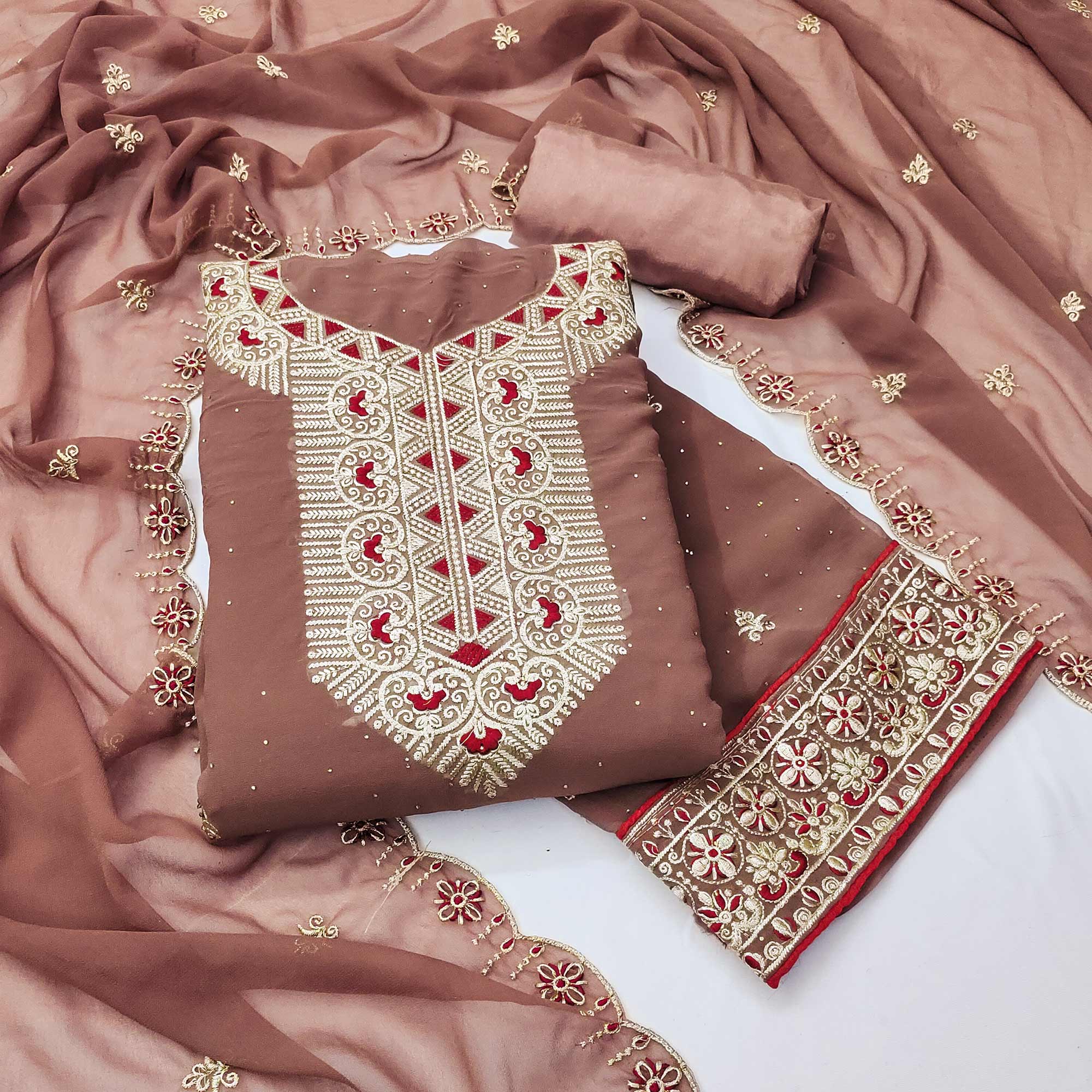 Brown Floral Embroidered With Stonework Georgette Dress Material