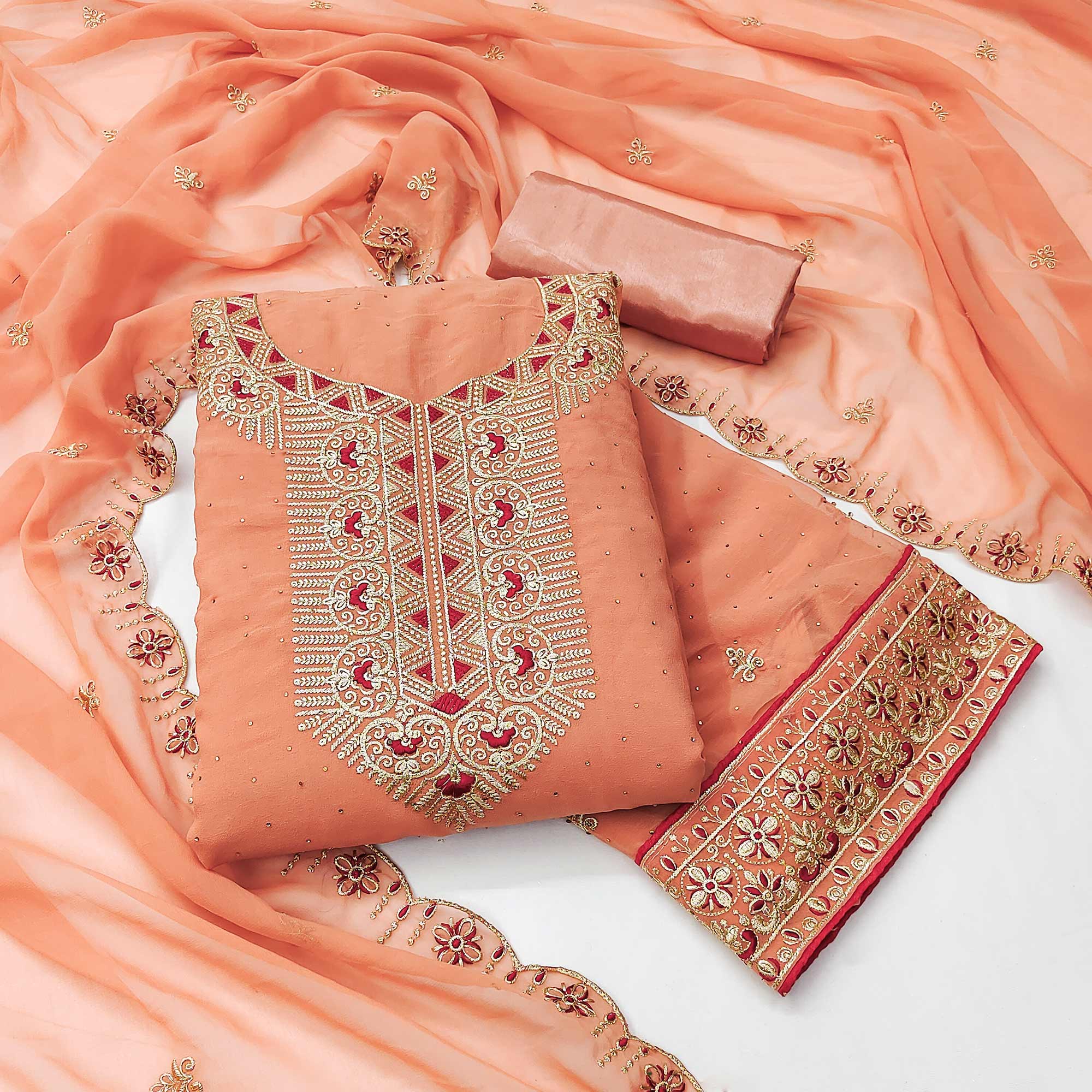 Peach Floral Embroidered With Stonework Georgette Dress Material