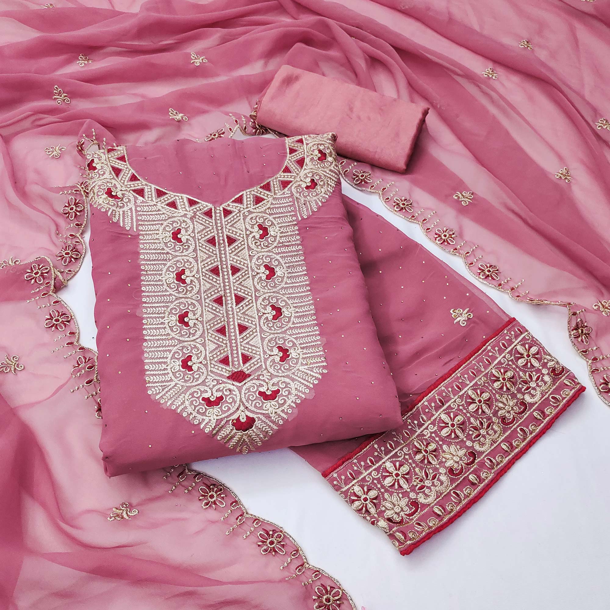 Pink Floral Embroidered With Stonework Georgette Dress Material