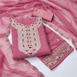 Pink Floral Embroidered With Stonework Georgette Dress Material