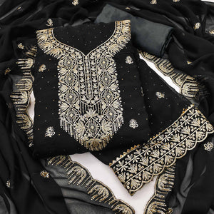 Black Floral Embroidered With Stonework Georgette Dress Material