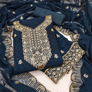 Blue Floral Embroidered With Stonework Georgette Dress Material