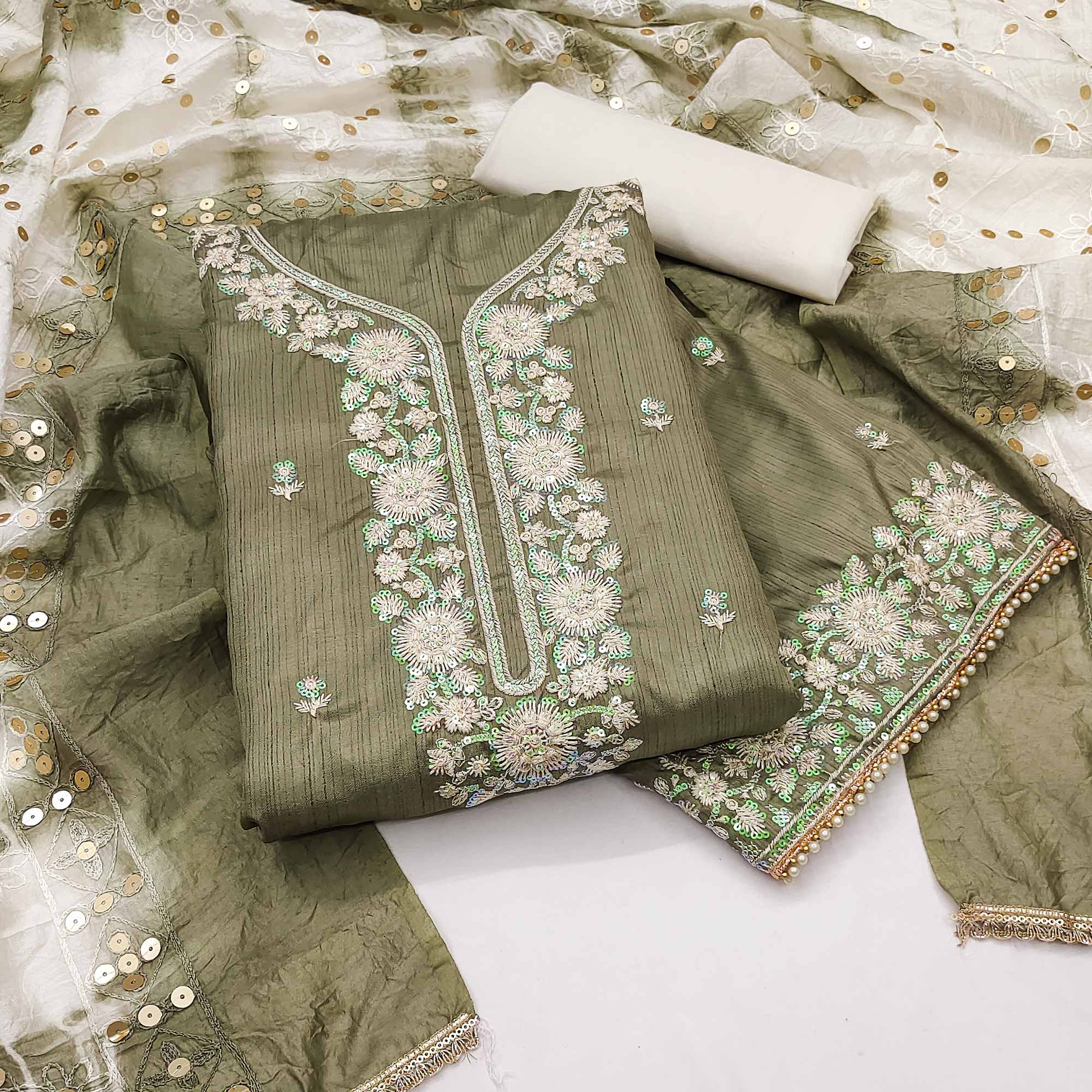 Green Floral Sequins Embroidered Art Silk Dress Material