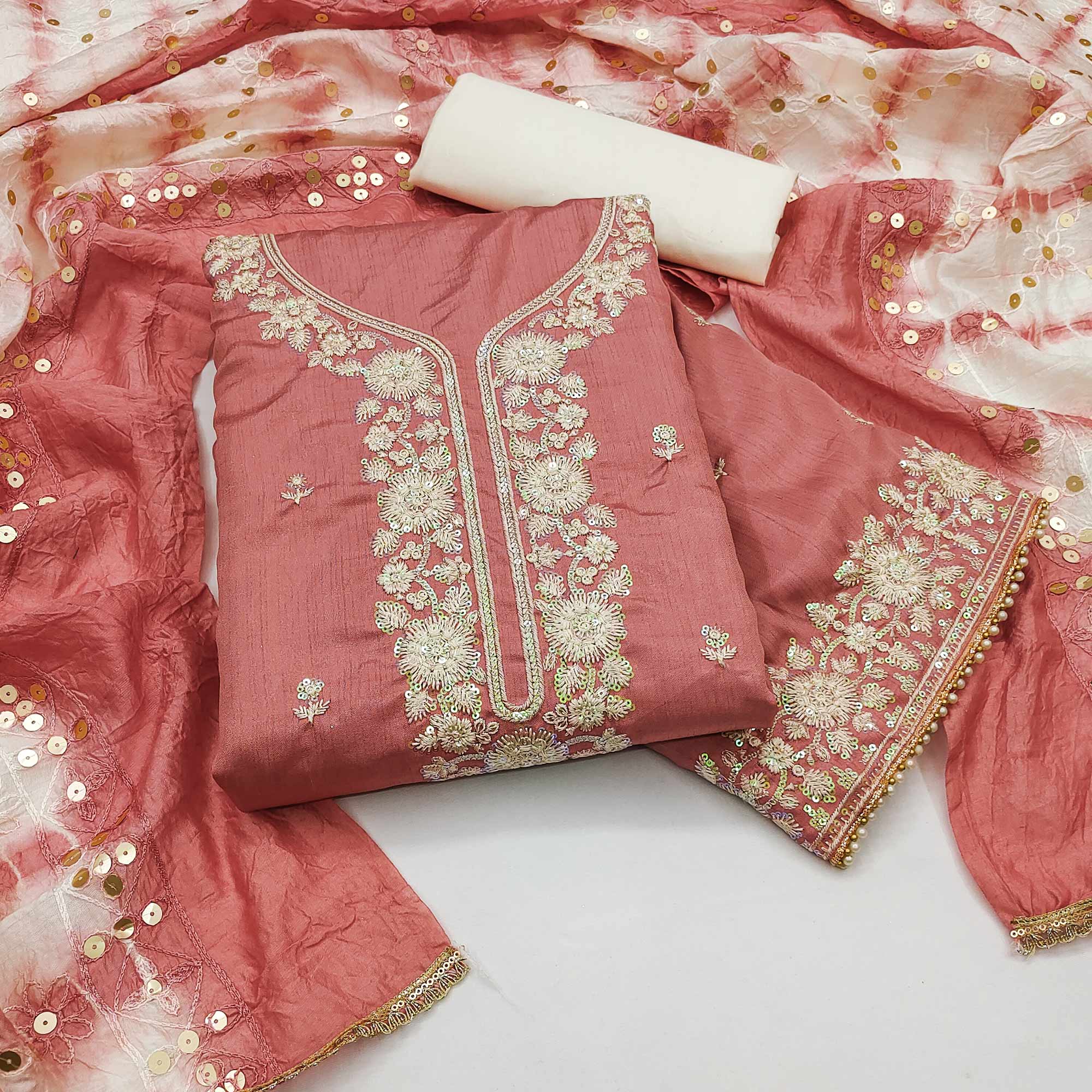 Peach Floral Sequins Embroidered Art Silk Dress Material