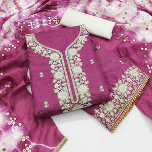 Purple Floral Sequins Embroidered Art Silk Dress Material