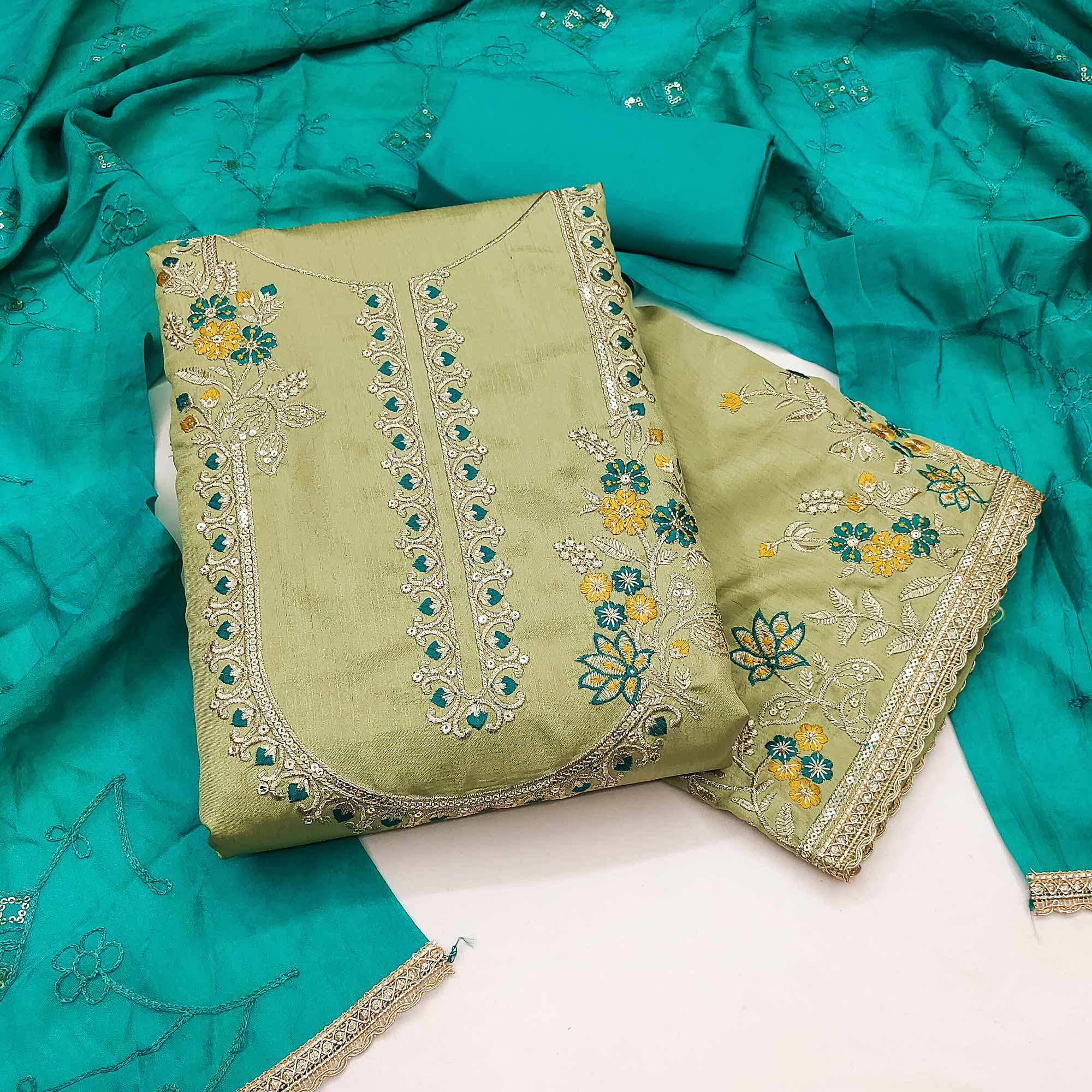 Green Floral Sequins Embroidered Art Silk Dress Material