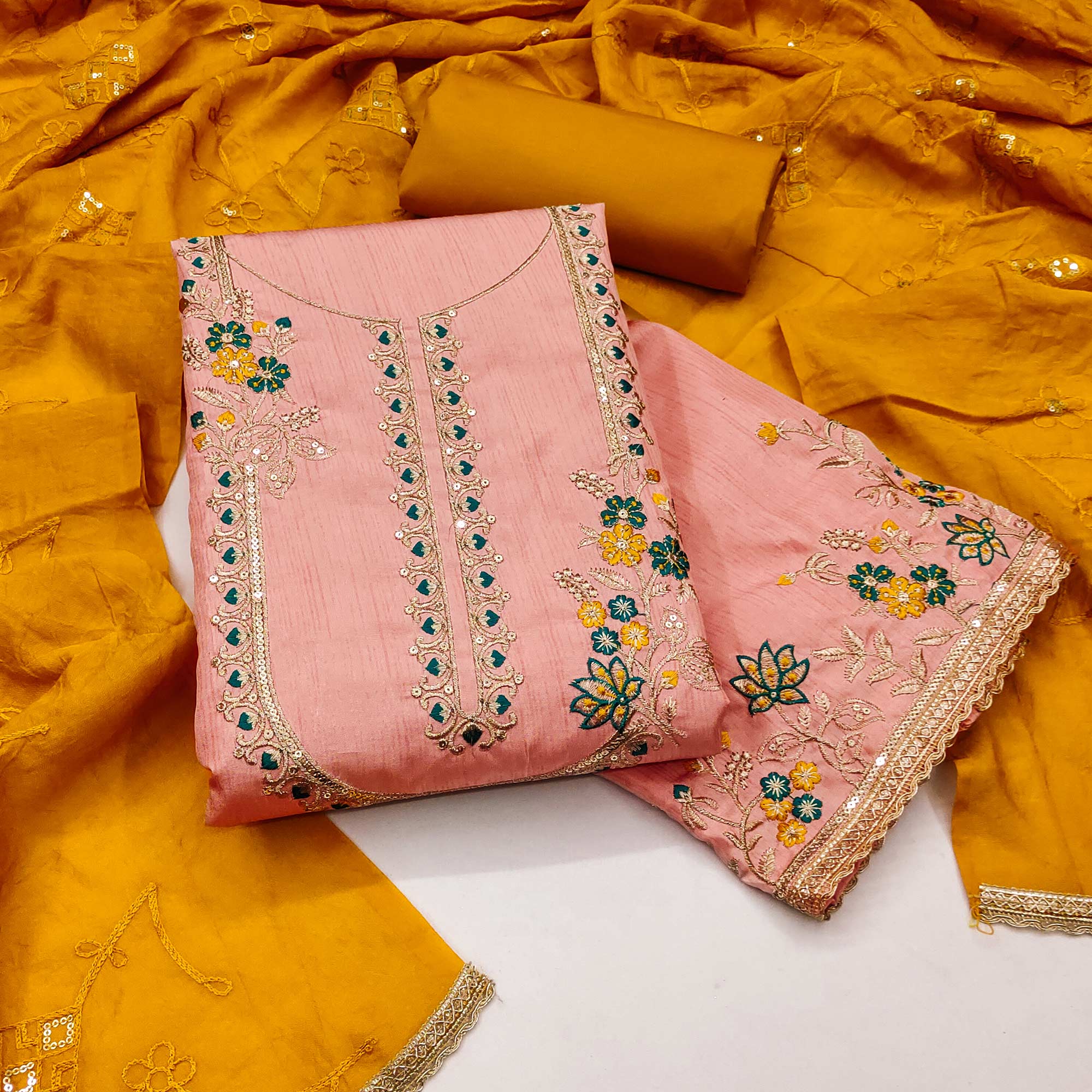 Peach Floral Sequins Embroidered Art Silk Dress Material