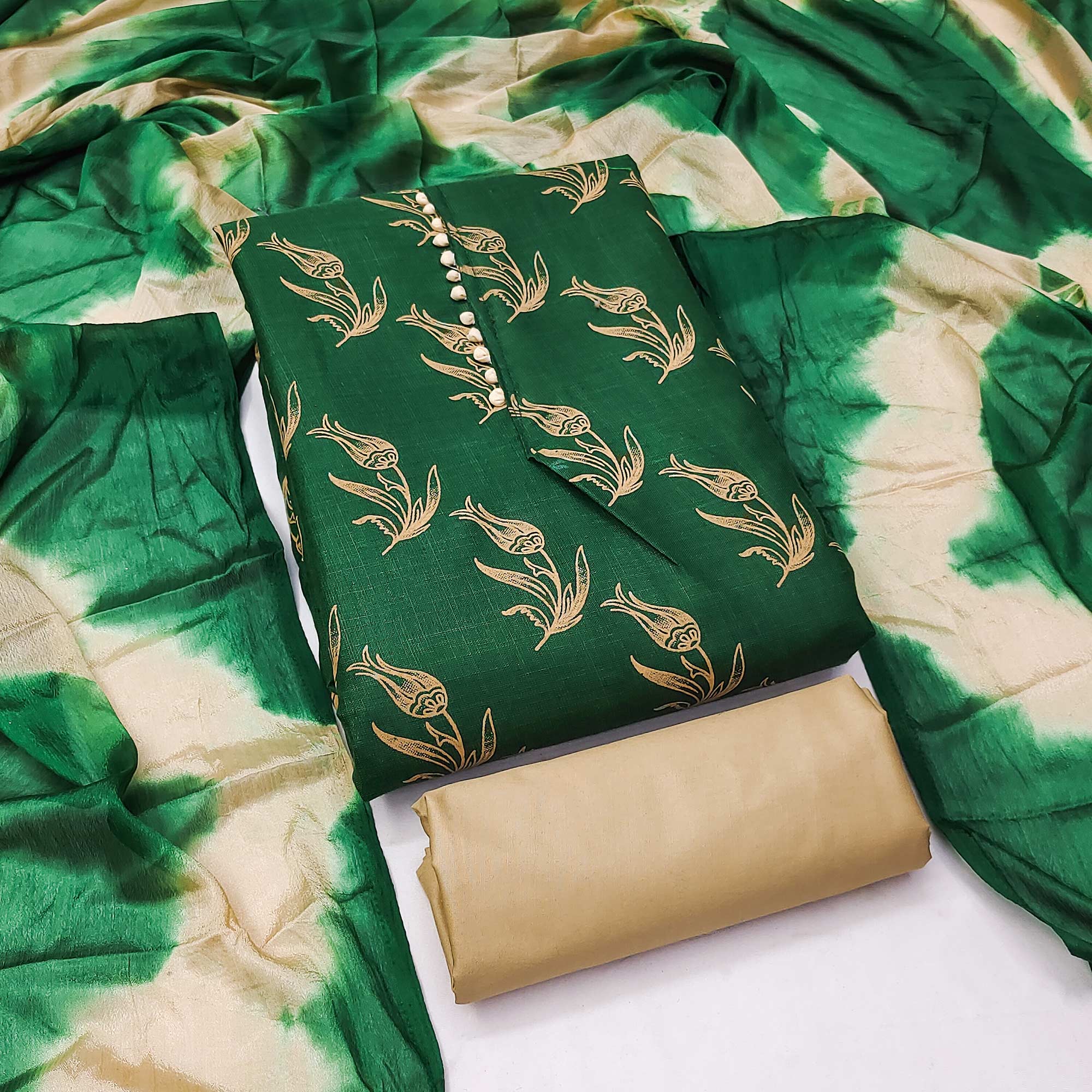 Green Floral Printed Slub Cotton Dress Material
