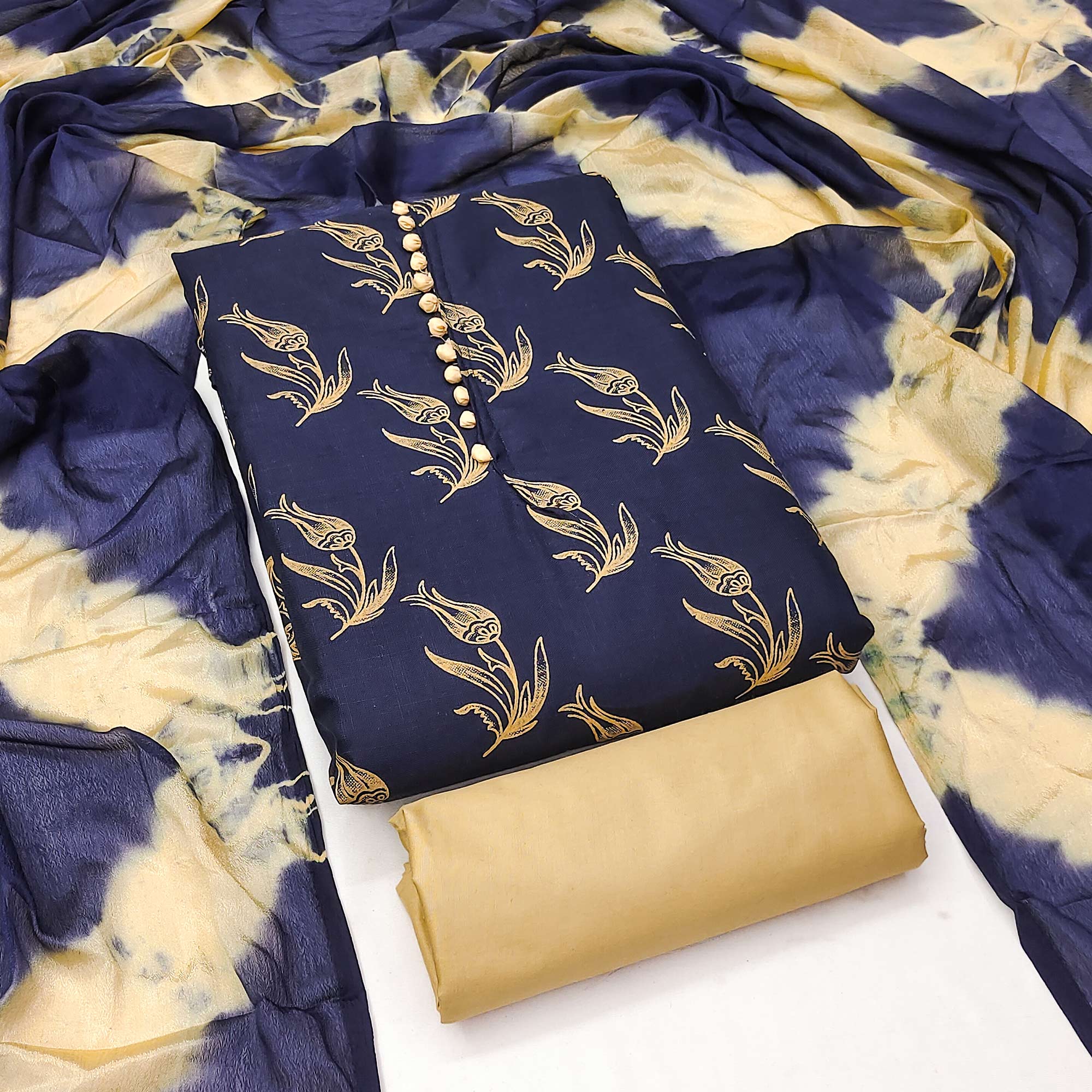 Navy Blue Floral Printed Slub Cotton Dress Material