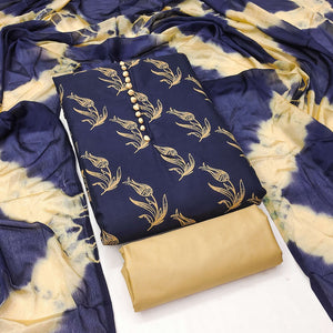 Navy Blue Floral Printed Slub Cotton Dress Material
