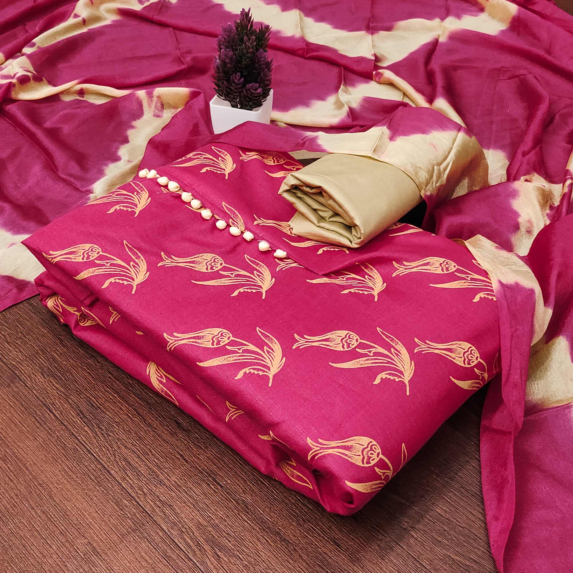 Rani Pink Floral Printed Slub Cotton Dress Material