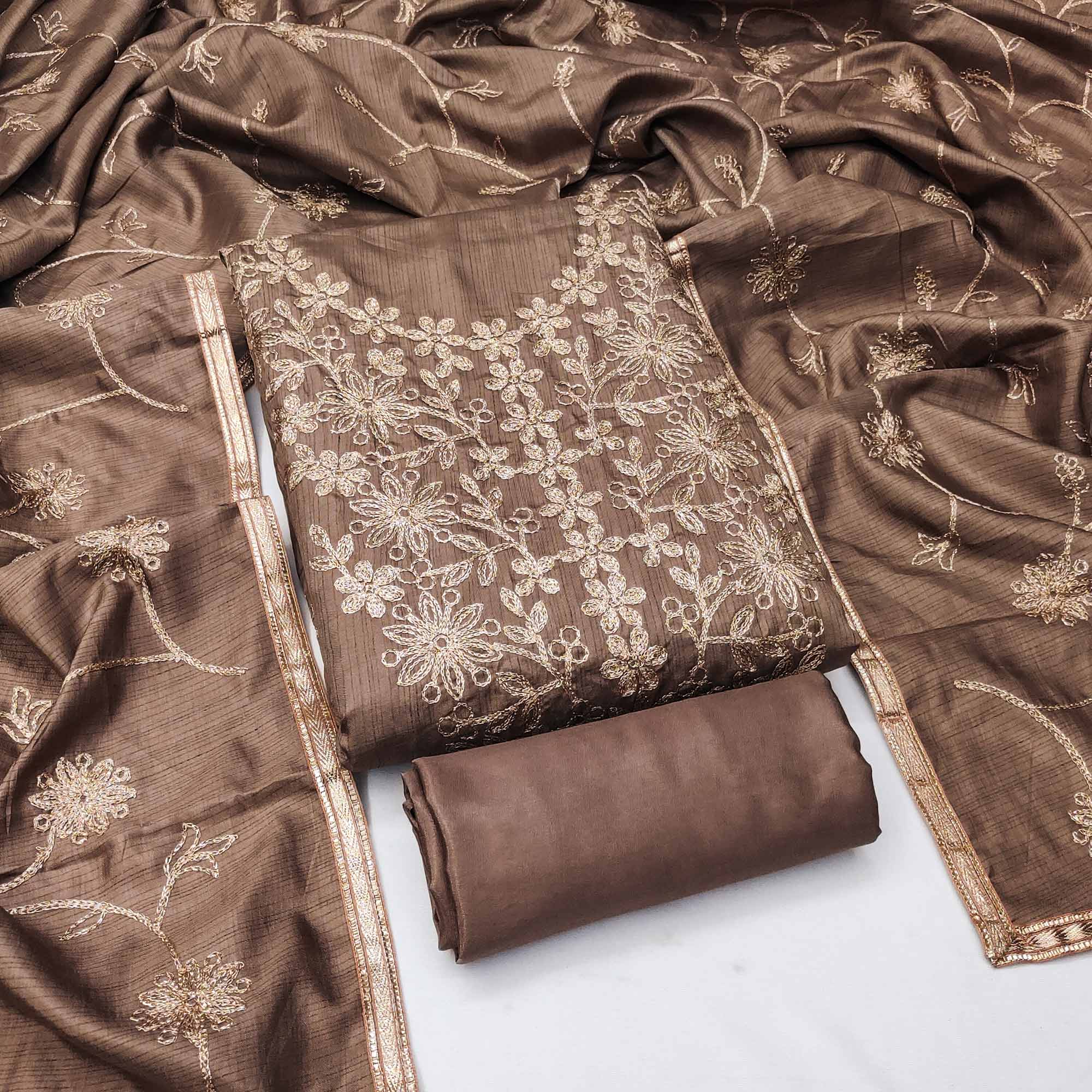 Chikoo Floral Embroidered Art Silk Dress Material