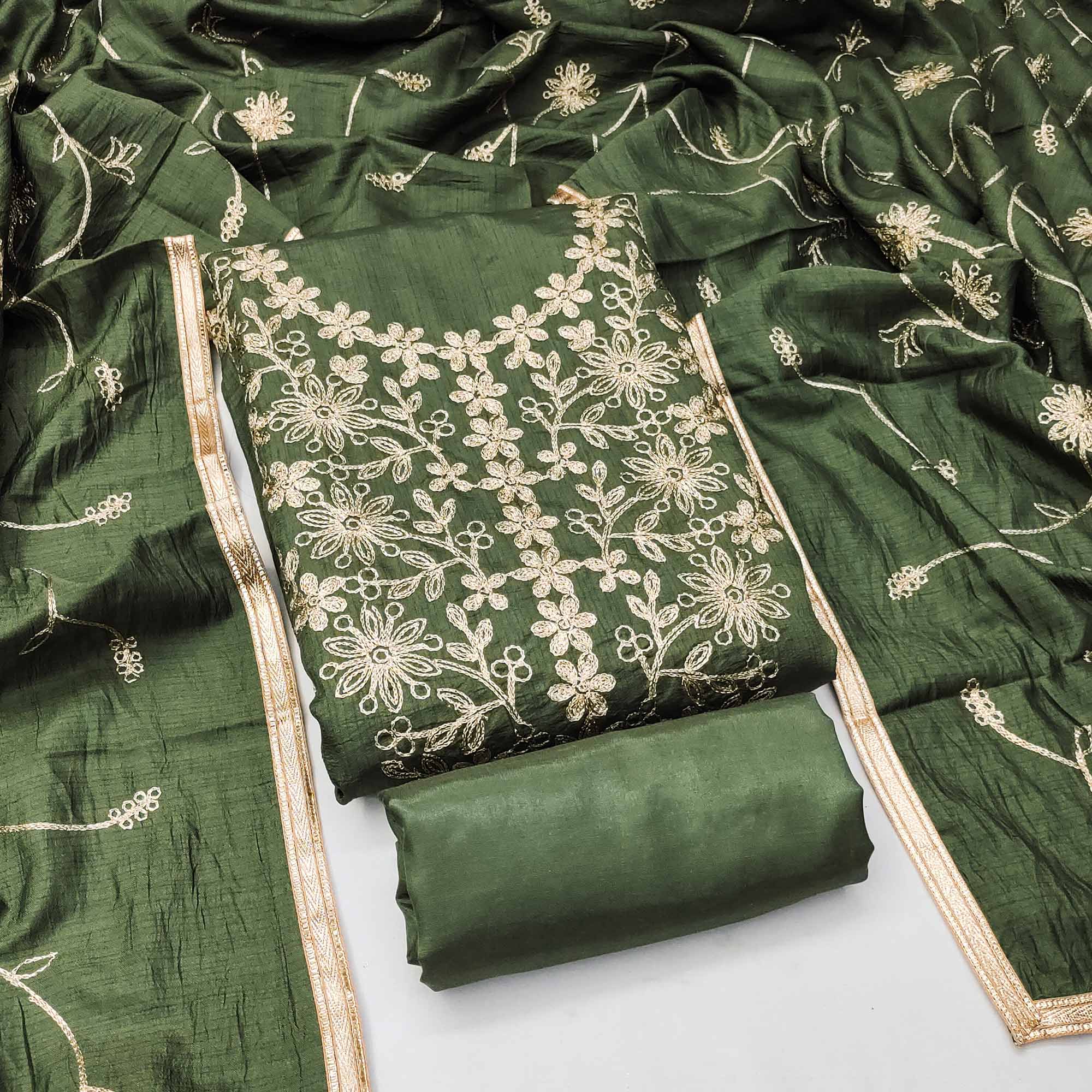 Green Floral Embroidered Art Silk Dress Material
