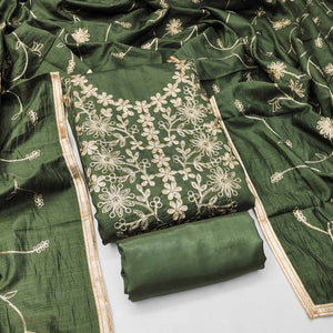 Green Floral Embroidered Art Silk Dress Material