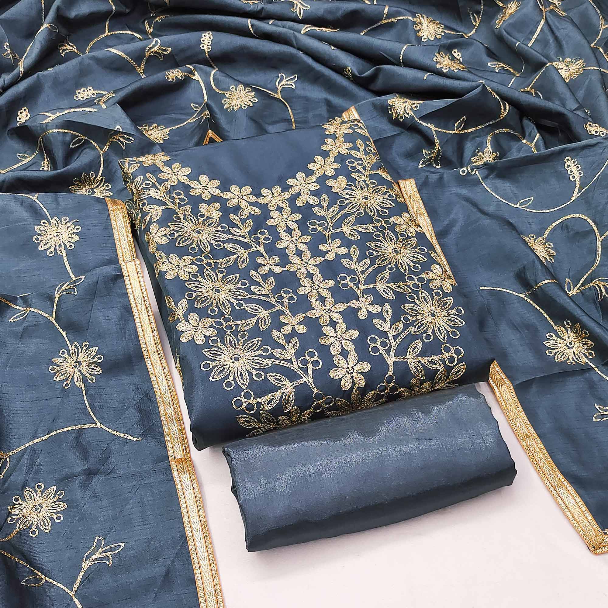 Grey Floral Embroidered Art Silk Dress Material