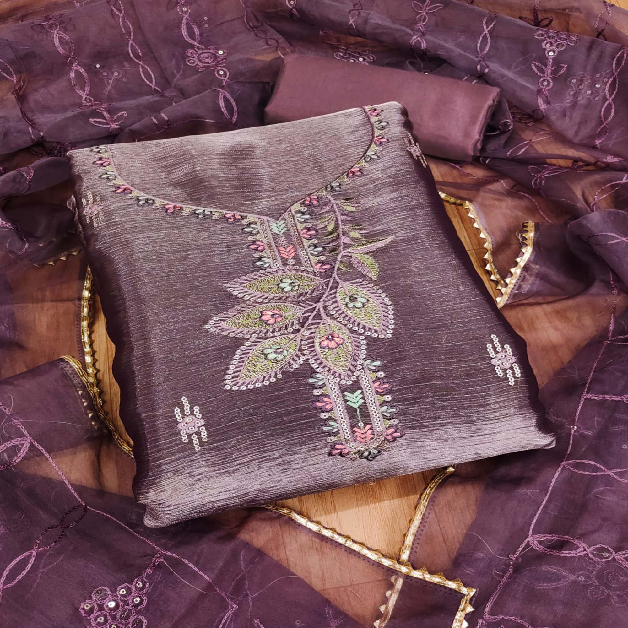 Purple Floral Sequins Embroidered Banarasi Silk Dress Material