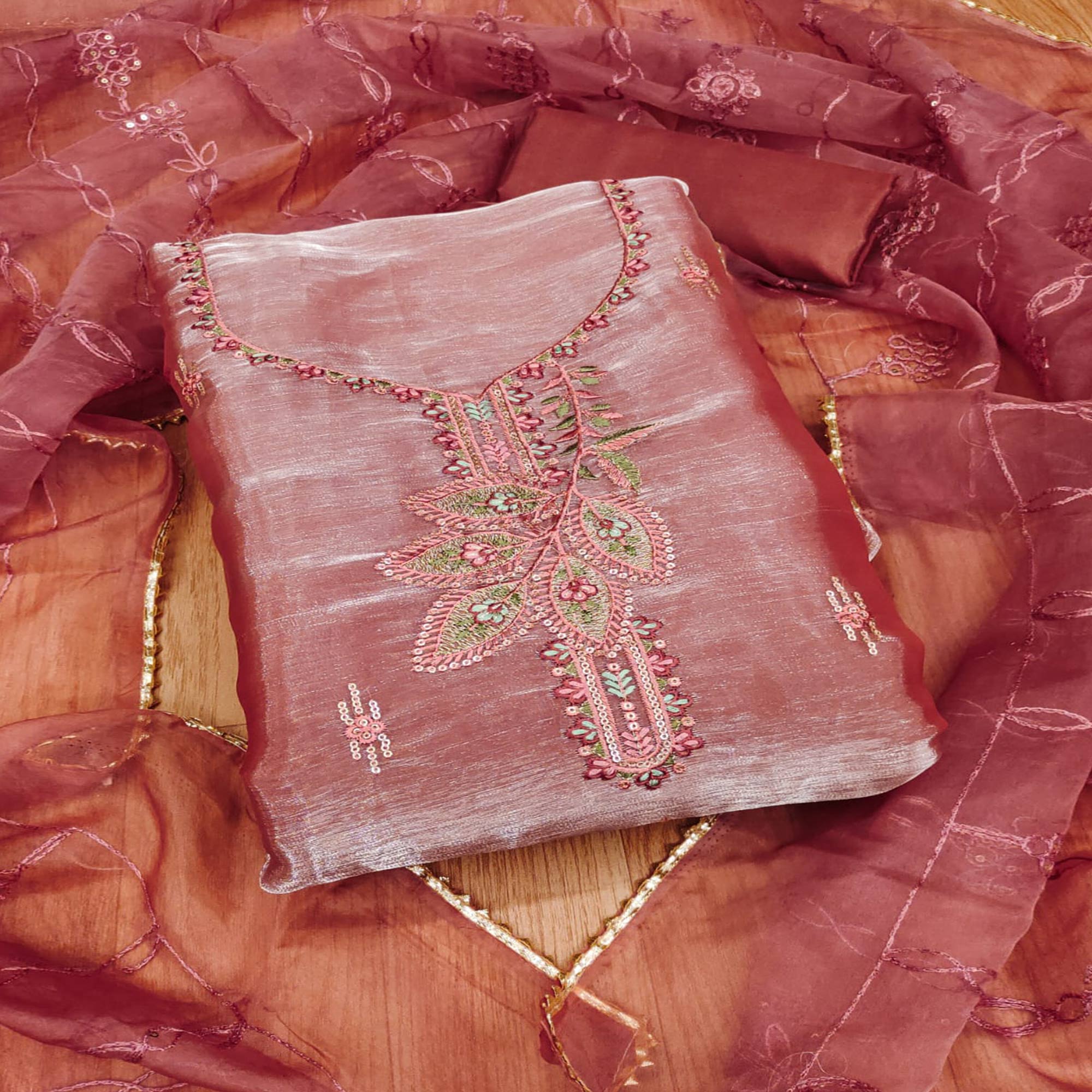 Rust Floral Sequins Embroidered Banarasi Silk Dress Material