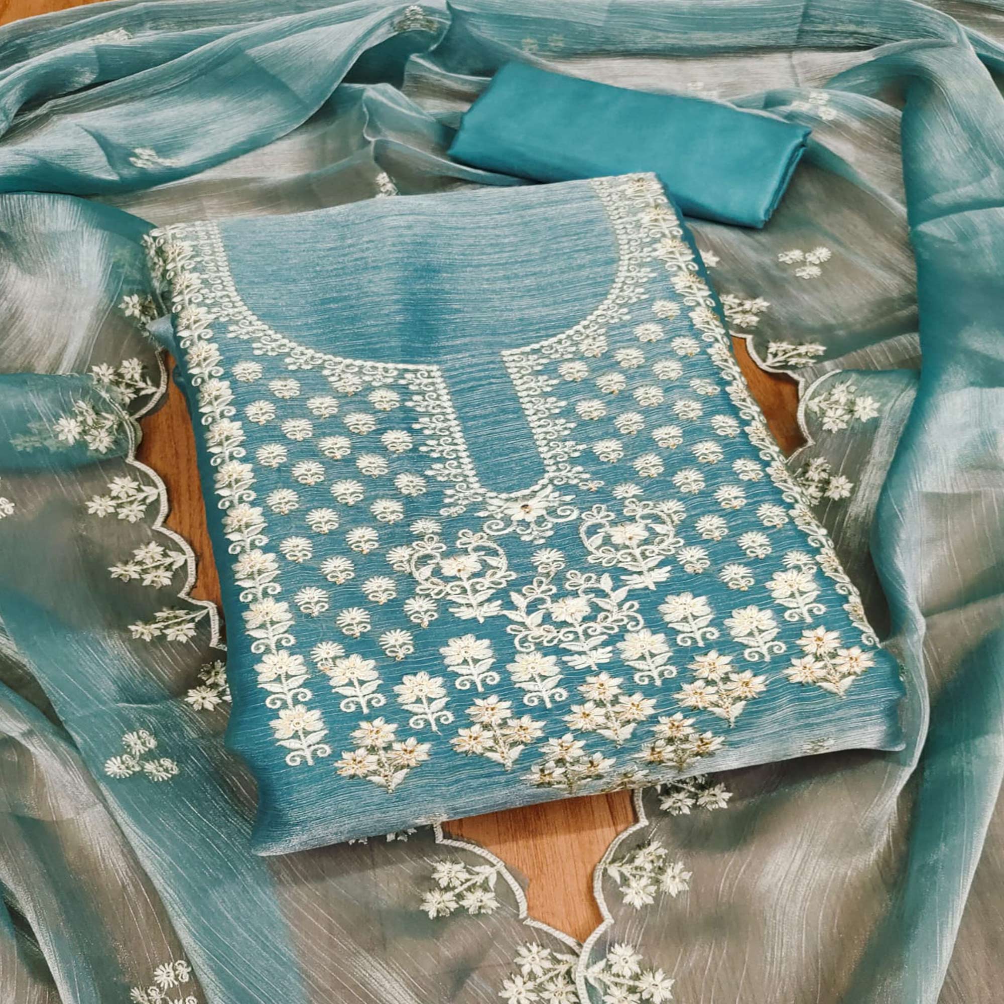 Blue Floral Embroidered Burberry Zoya Silk Dress Material