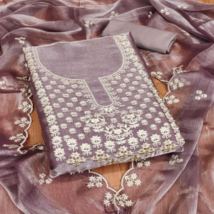 Purple Floral Embroidered Burberry Zoya Silk Dress Material