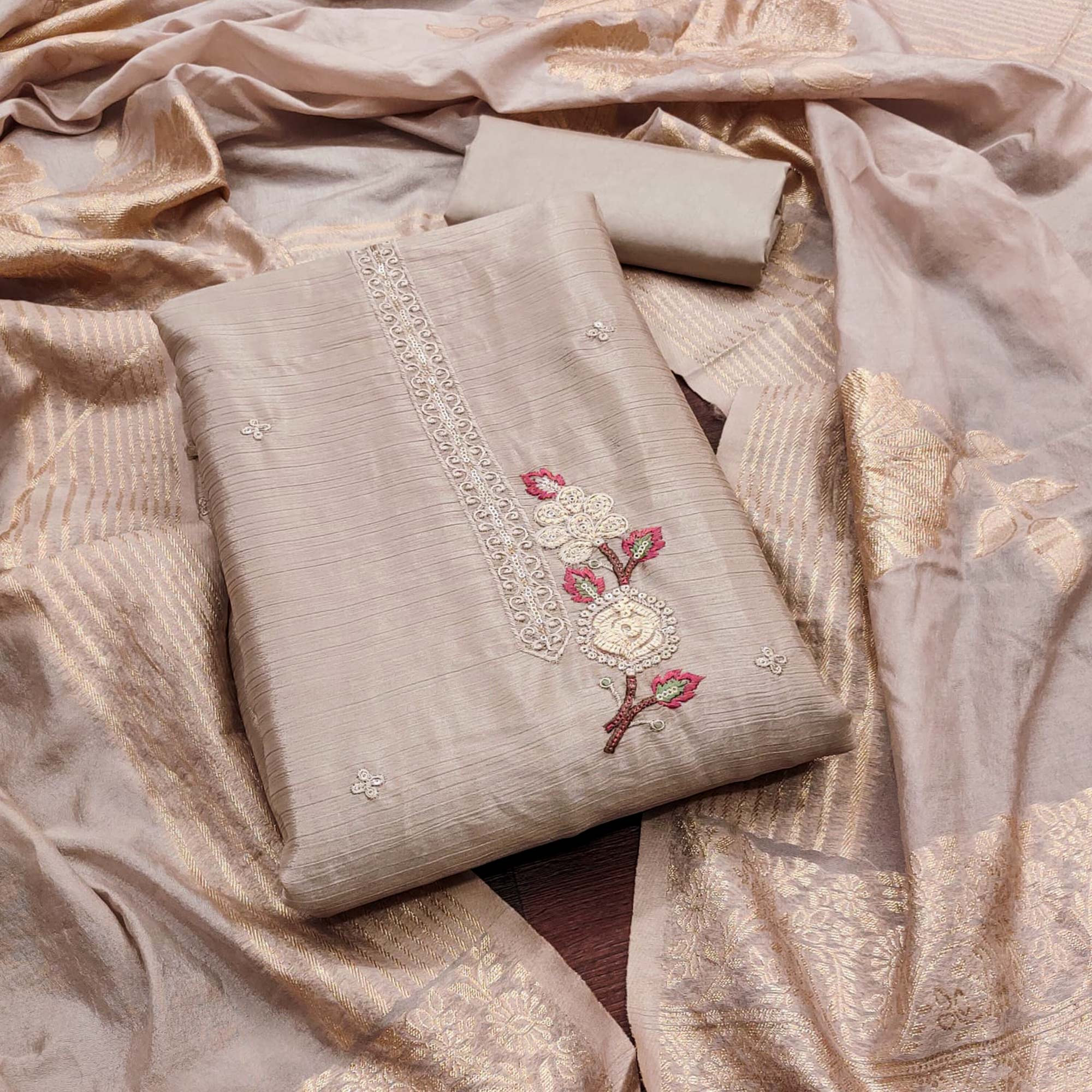 Chikoo Floral Embroidered Chinon Silk Dress Material