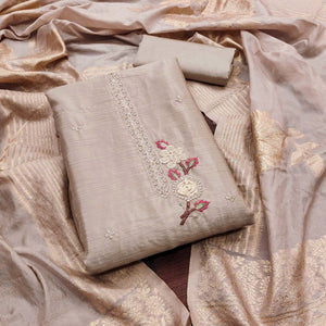 Chikoo Floral Embroidered Chinon Silk Dress Material