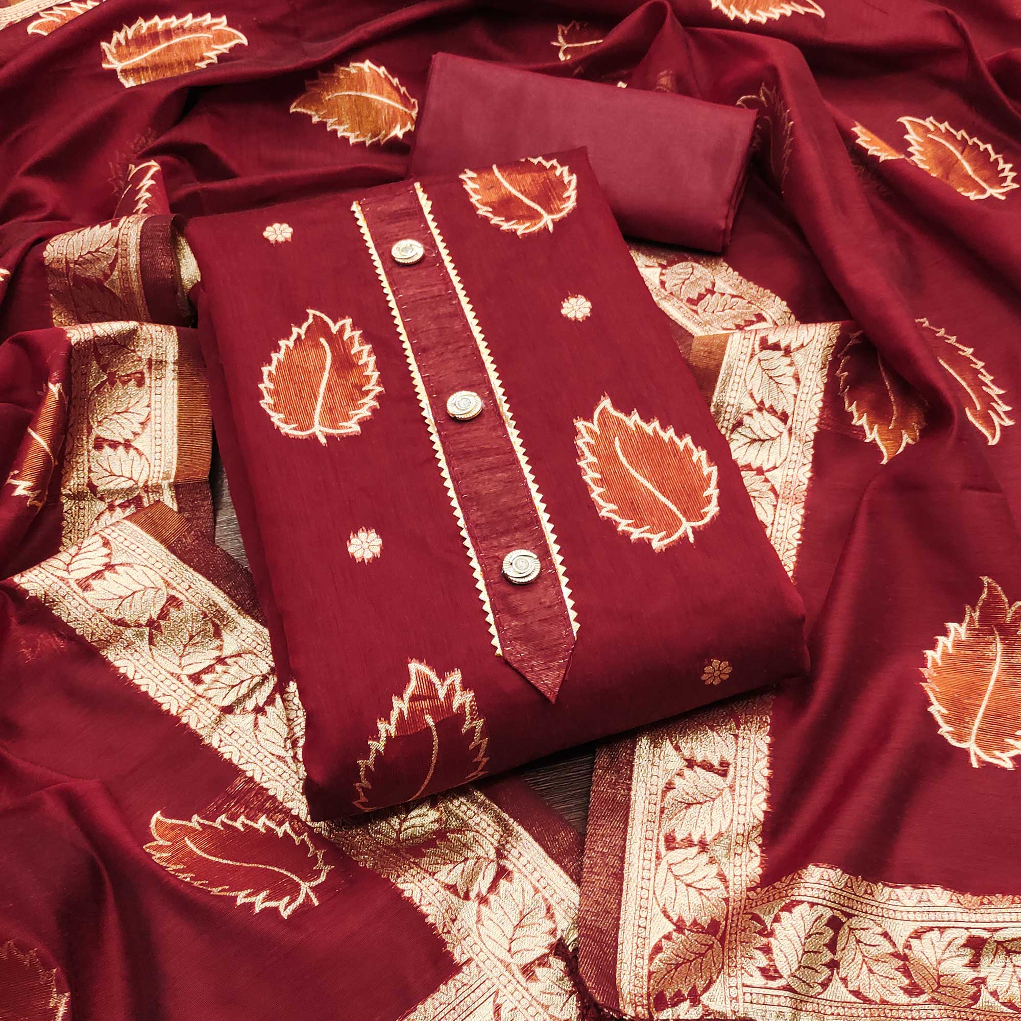 Maroon Floral Woven Shimmer Jacquard Dress Material