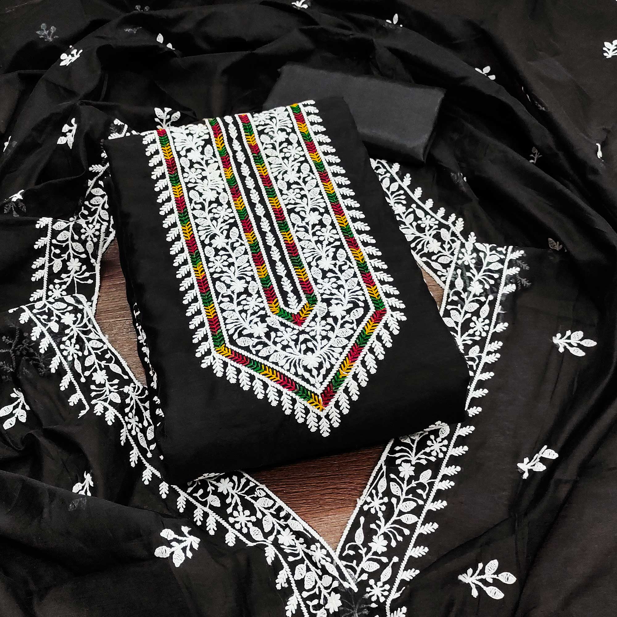 Black Floral Embroidered Modal Chanderi Silk Dress Material