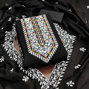 Black Floral Embroidered Modal Chanderi Silk Dress Material