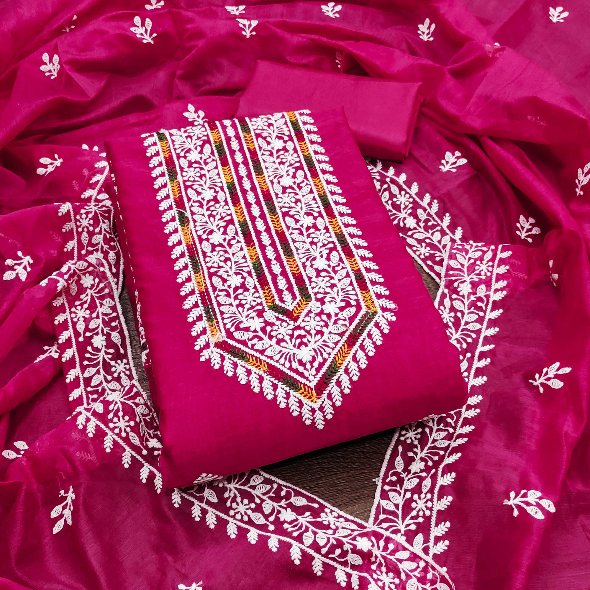 Rani Pink Floral Embroidered Modal Chanderi Silk Dress Material