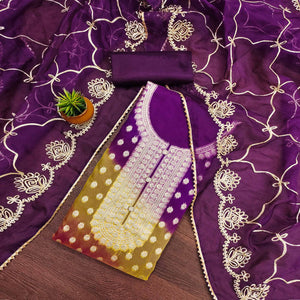 Purple Floral Woven Organza Jacquard Dress Material