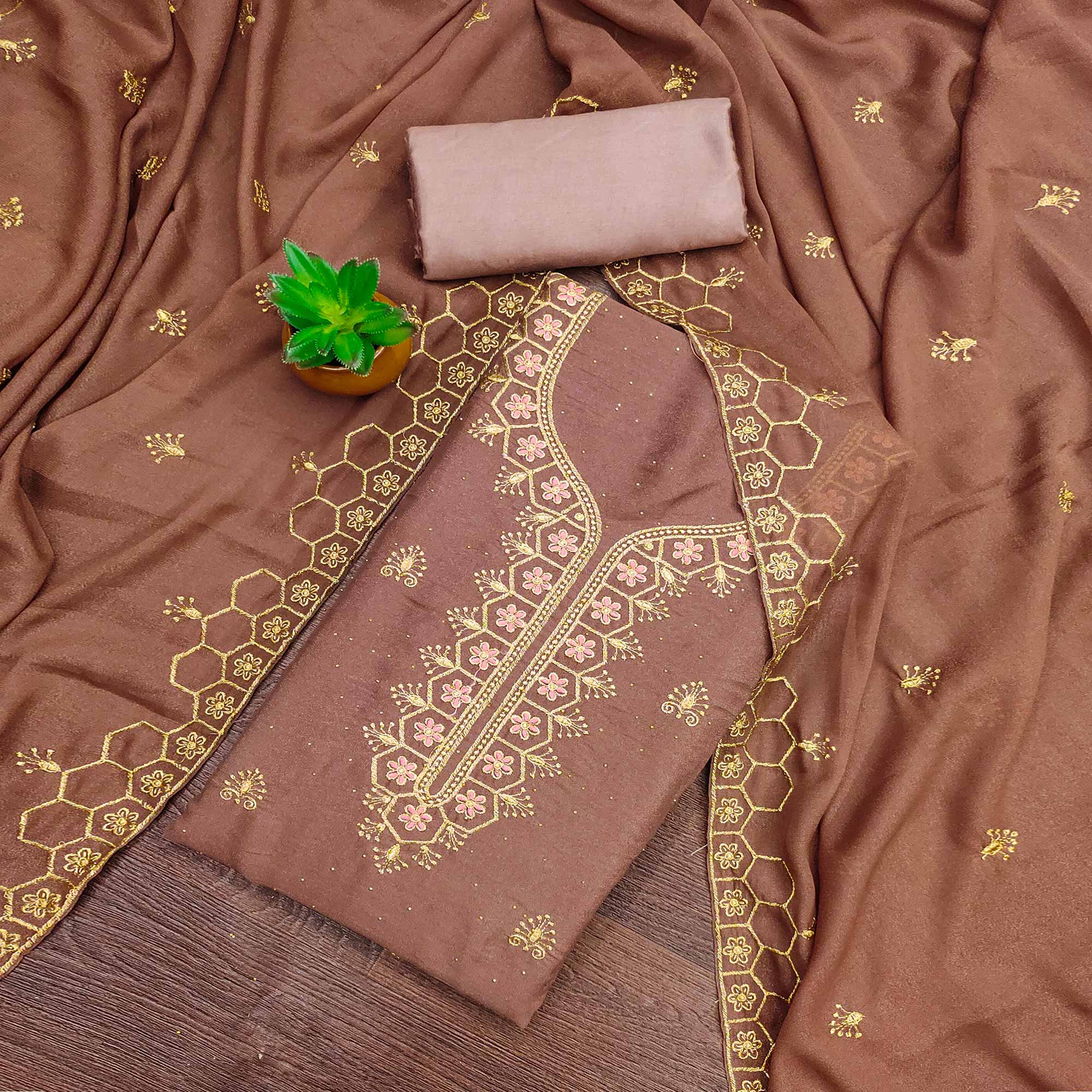Brown Floral Embroidered Georgette Dress Material