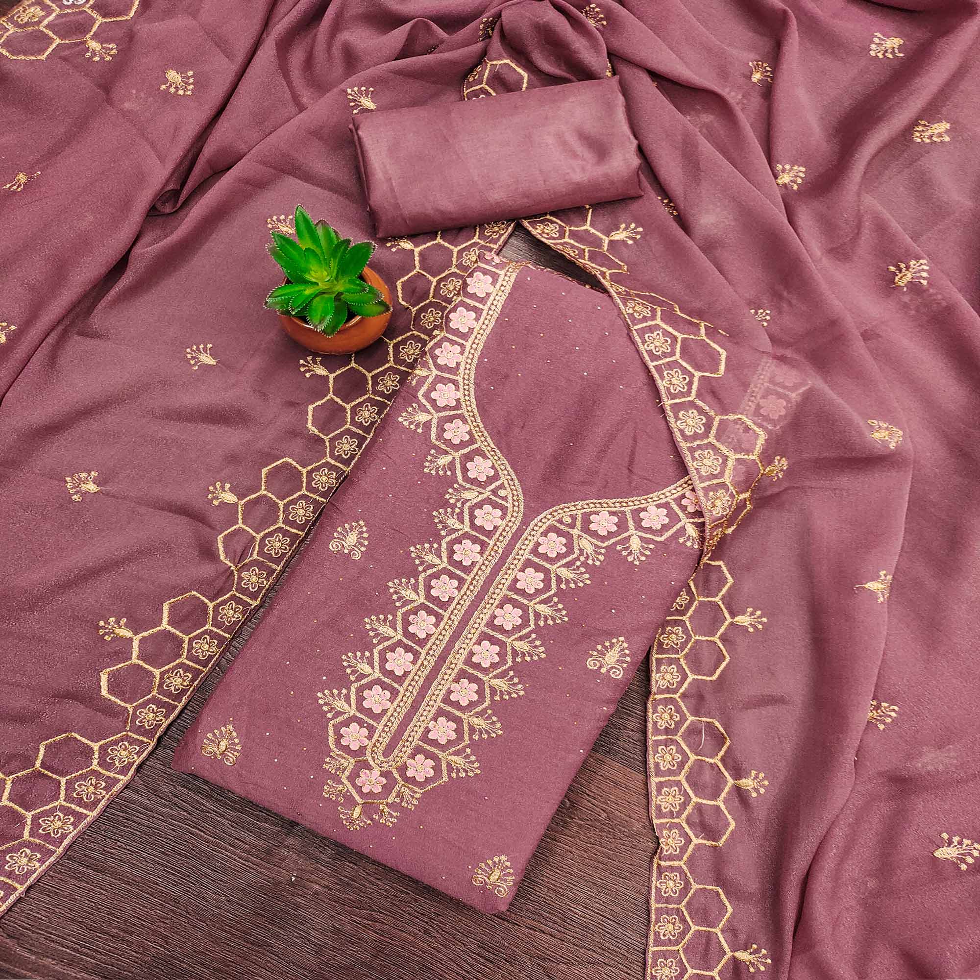 Mauve Floral Embroidered Georgette Dress Material