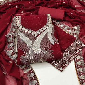 Maroon Embroidered With Swarovski Work Georgette Dress Material