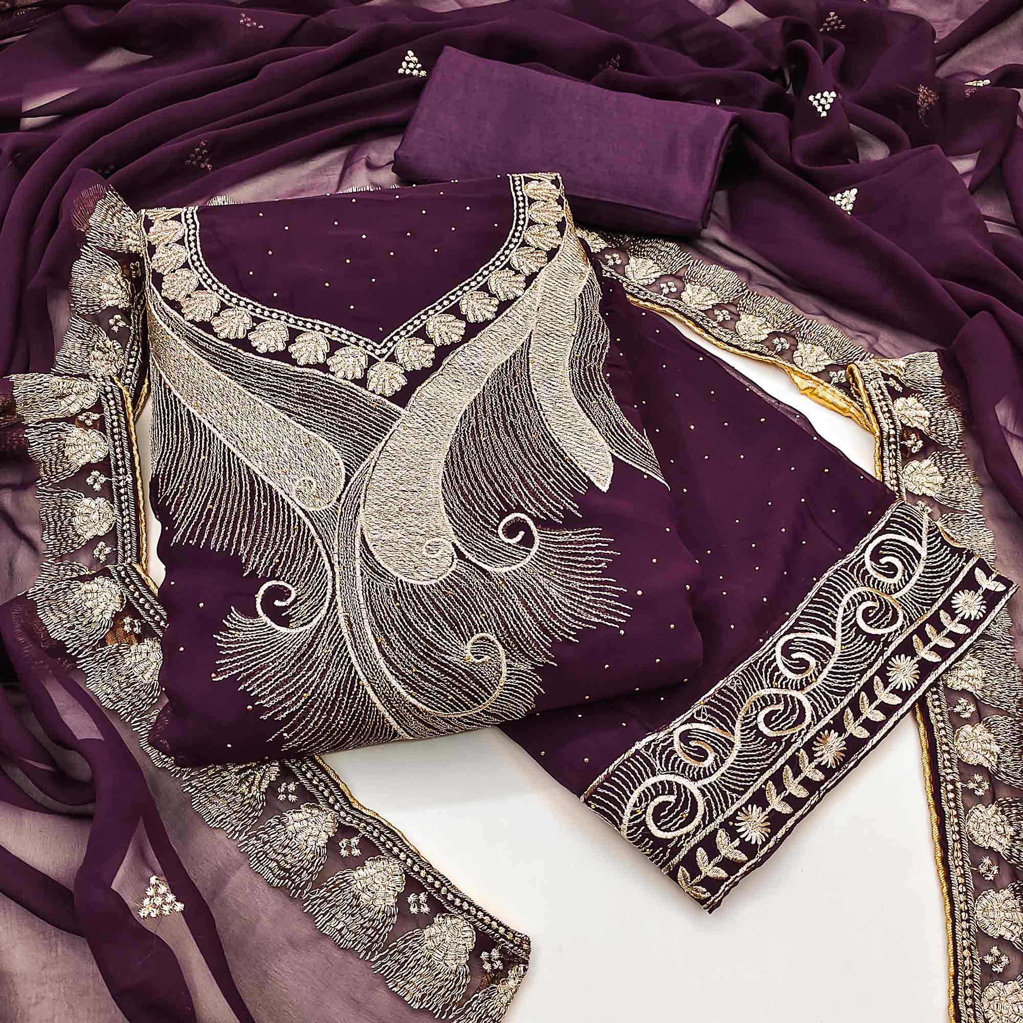 Wine Embroidered With Swarovski Work Georgette Dress Material