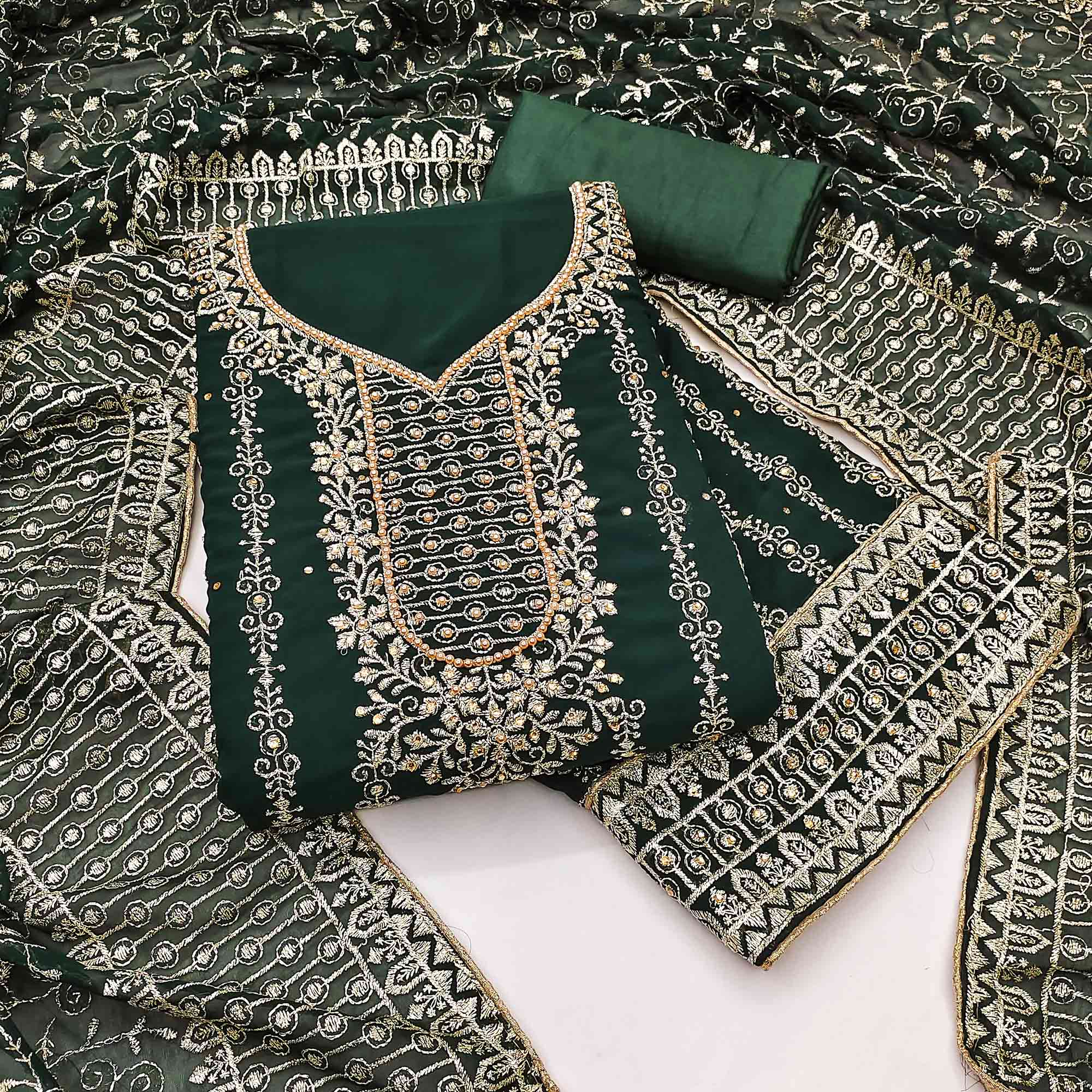 44Green Floral Embroidered Georgette Dress Material