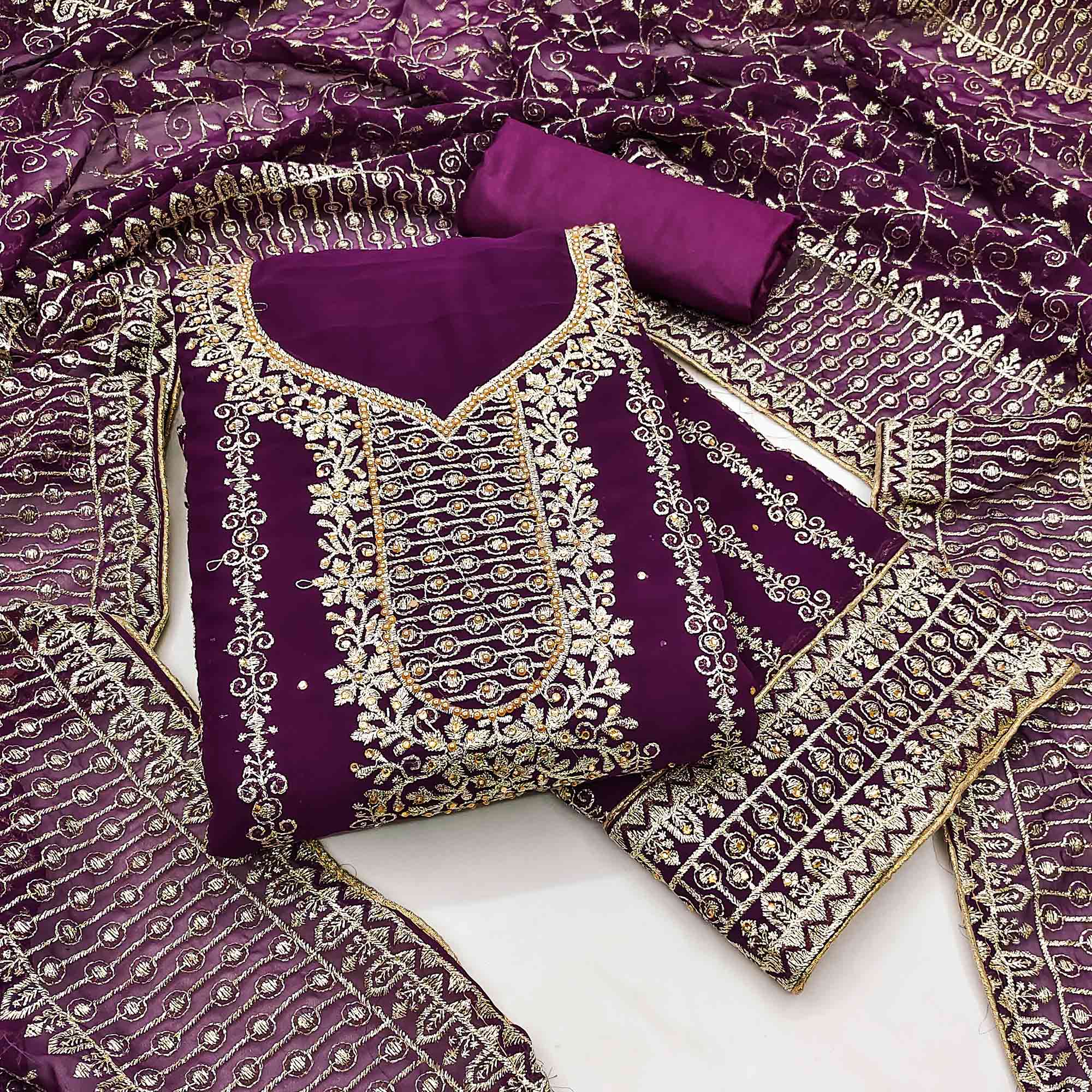 Wine Floral Embroidered Georgette Dress Material