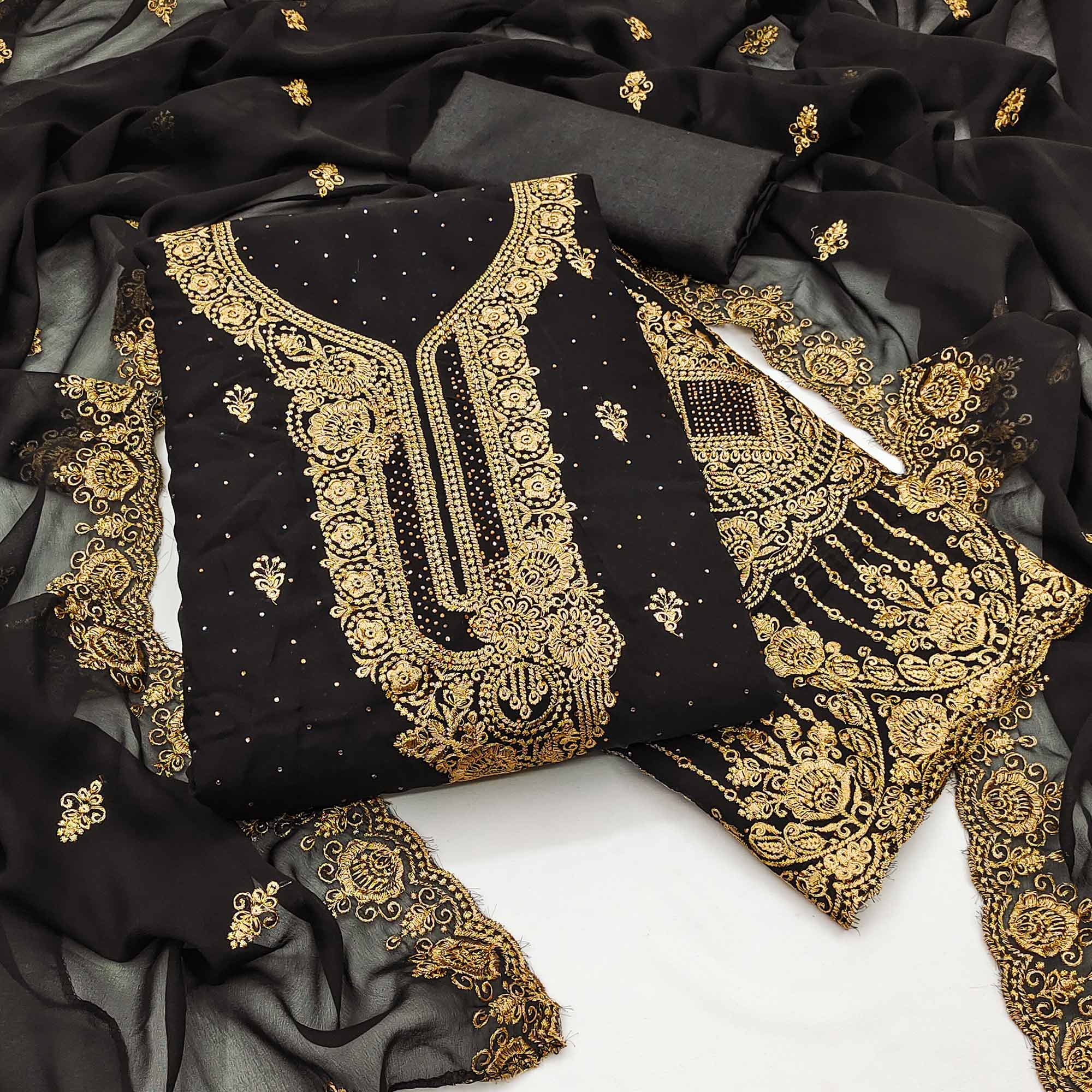 Black Embroidered With Swarovski Work Georgette Dress Material
