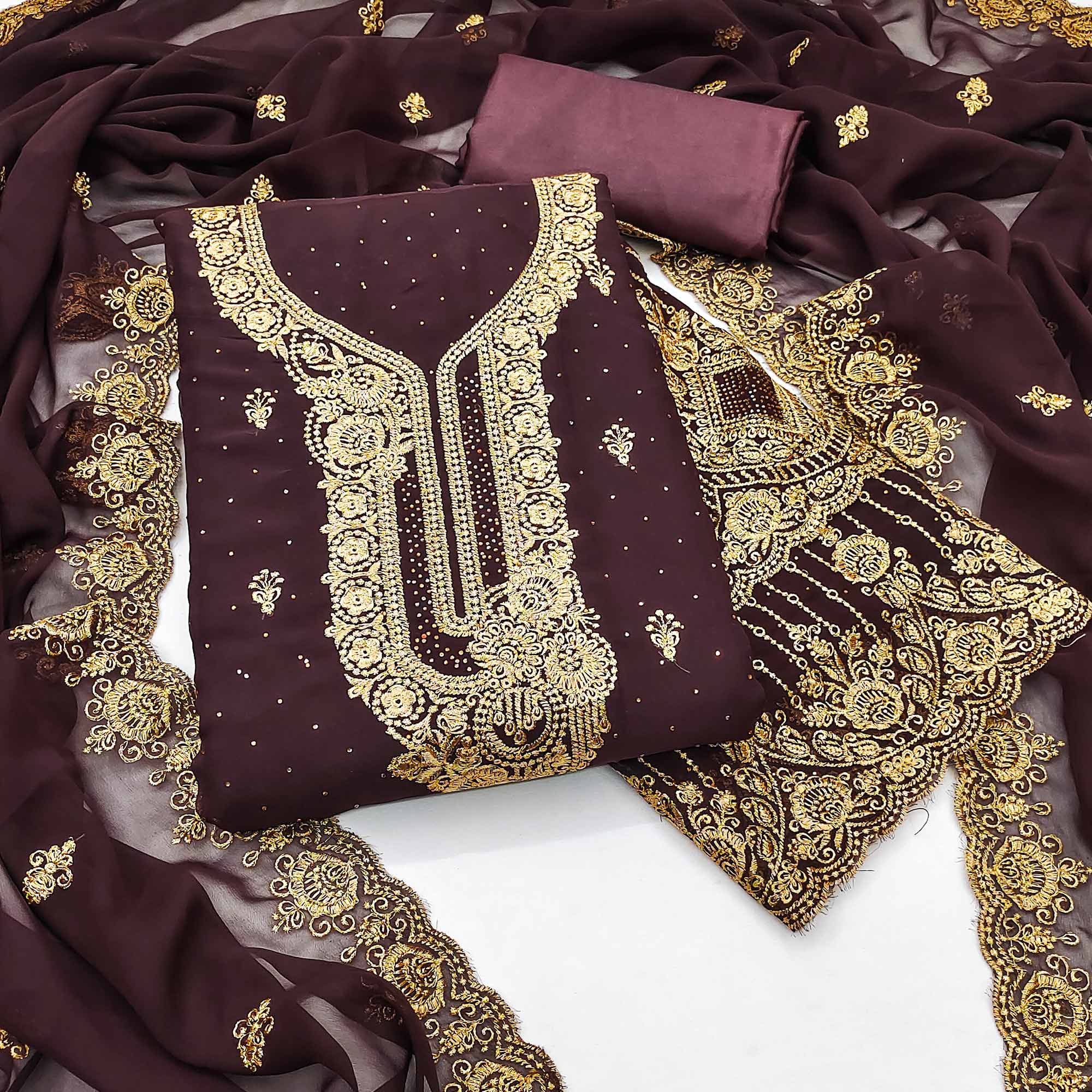 Brown Embroidered With Swarovski Work Georgette Dress Material