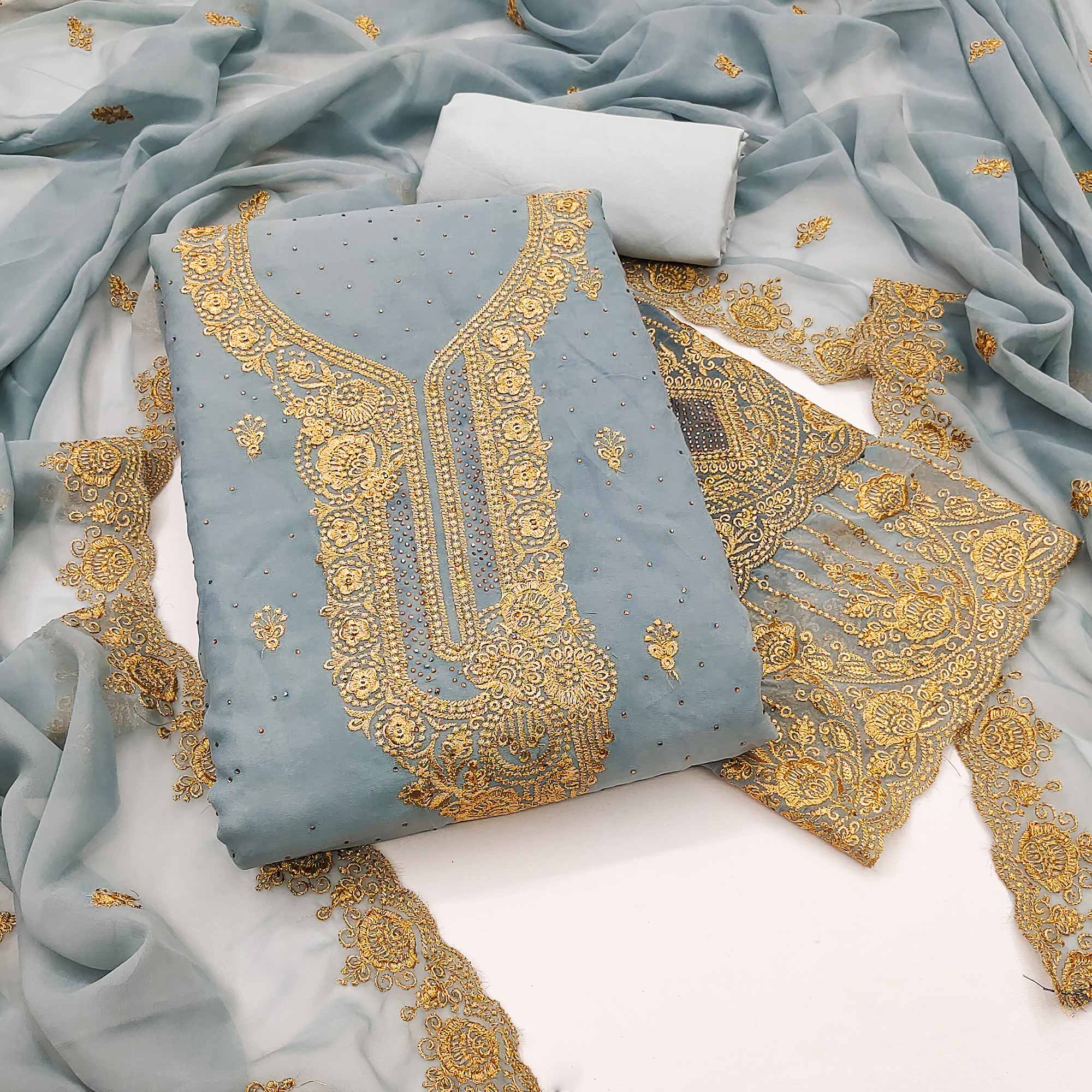 Grey Embroidered With Swarovski Work Georgette Dress Material