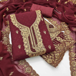 Maroon Embroidered With Swarovski Work Georgette Dress Material
