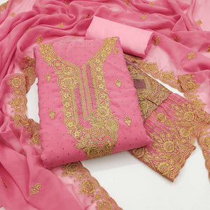 Pink Embroidered With Swarovski Work Georgette Dress Material