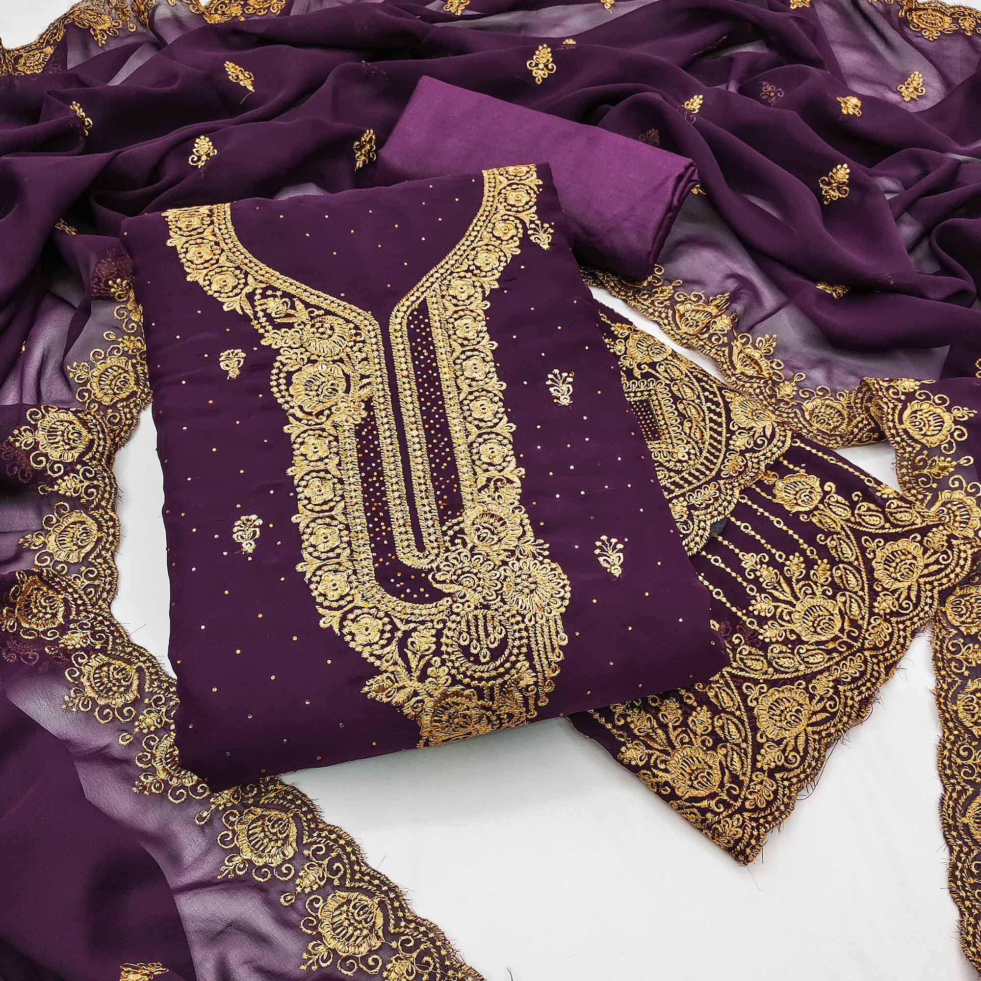 Wine Embroidered With Swarovski Work Georgette Dress Material