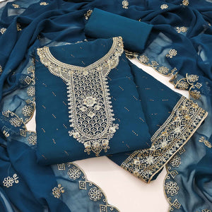 Blue Floral Embroidered With Swarovski Work Georgette Dress Material