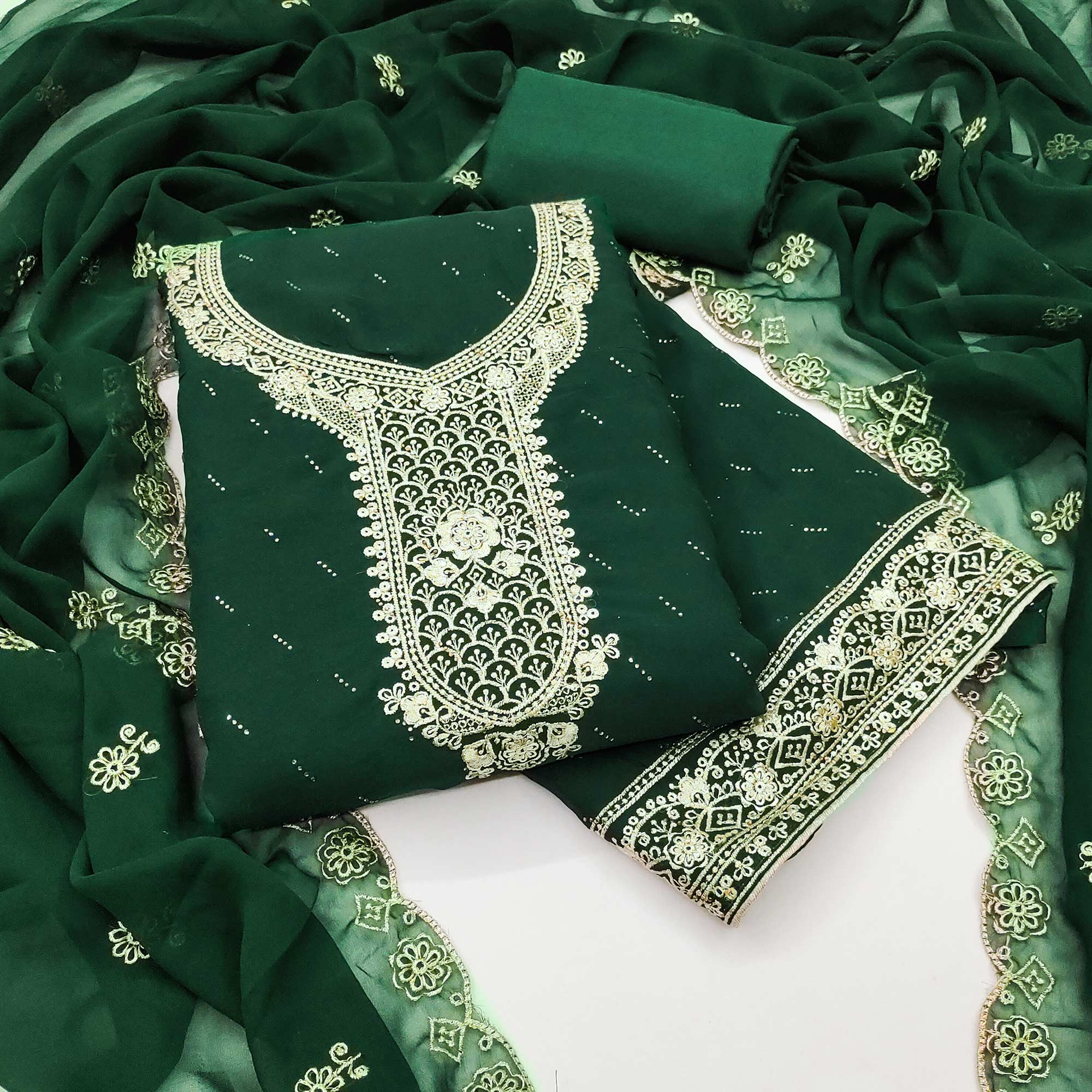 Green Floral Embroidered With Swarovski Work Georgette Dress Material