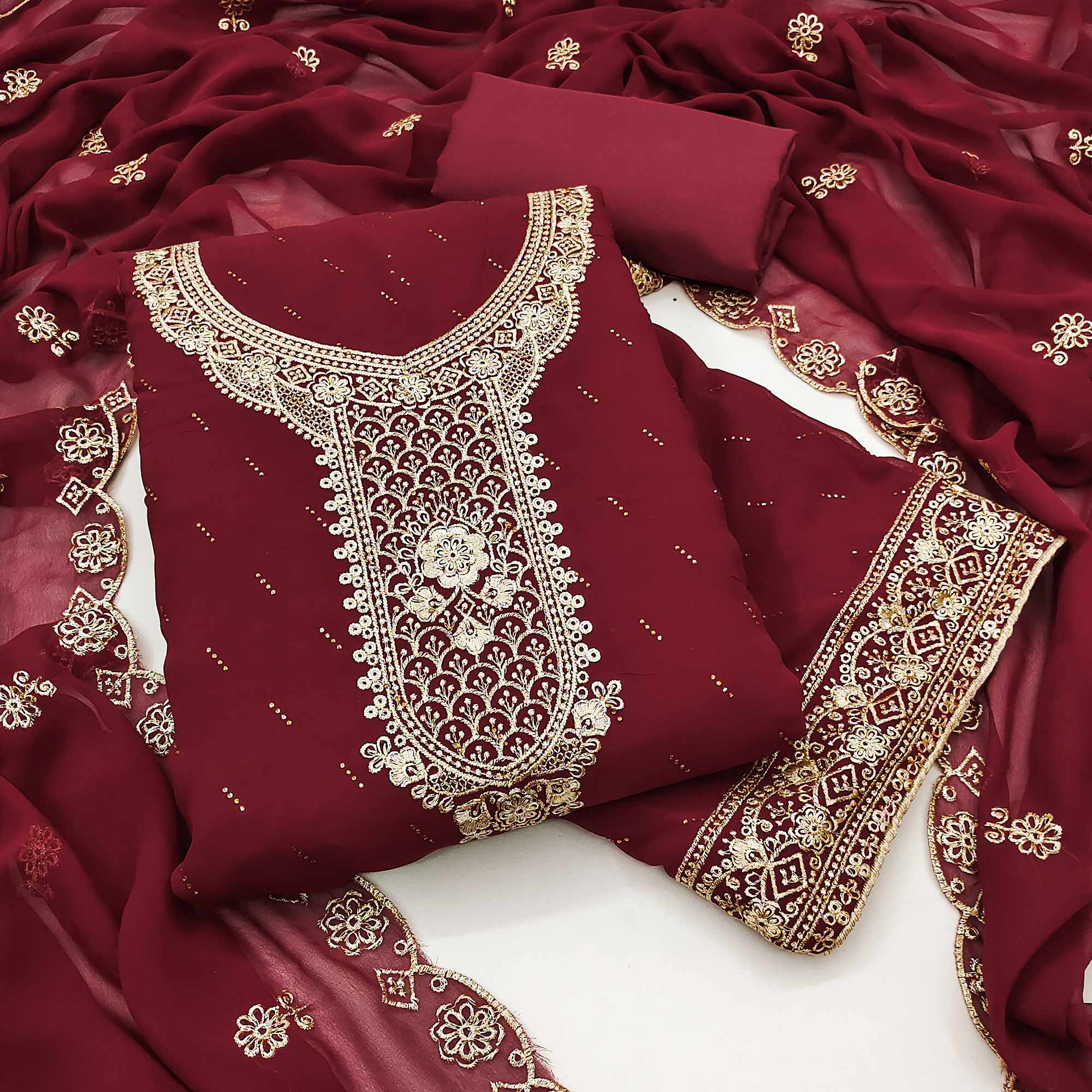 Maroon Floral Embroidered With Swarovski Work Georgette Dress Material